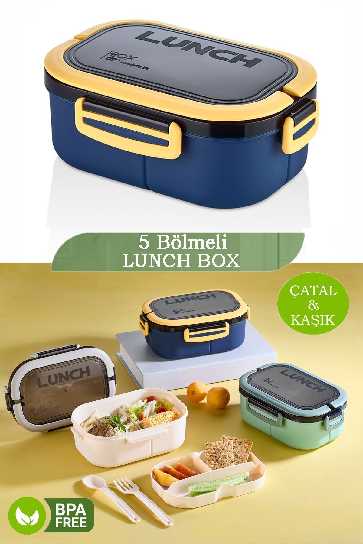 M&L LUNCH BOX 5 Bölmeli Taşınabilir Yemek Kabı Lunch Box Diyet Beslenme Kutusu Saklama Kabı Çatal Kaşık Sefer Tası