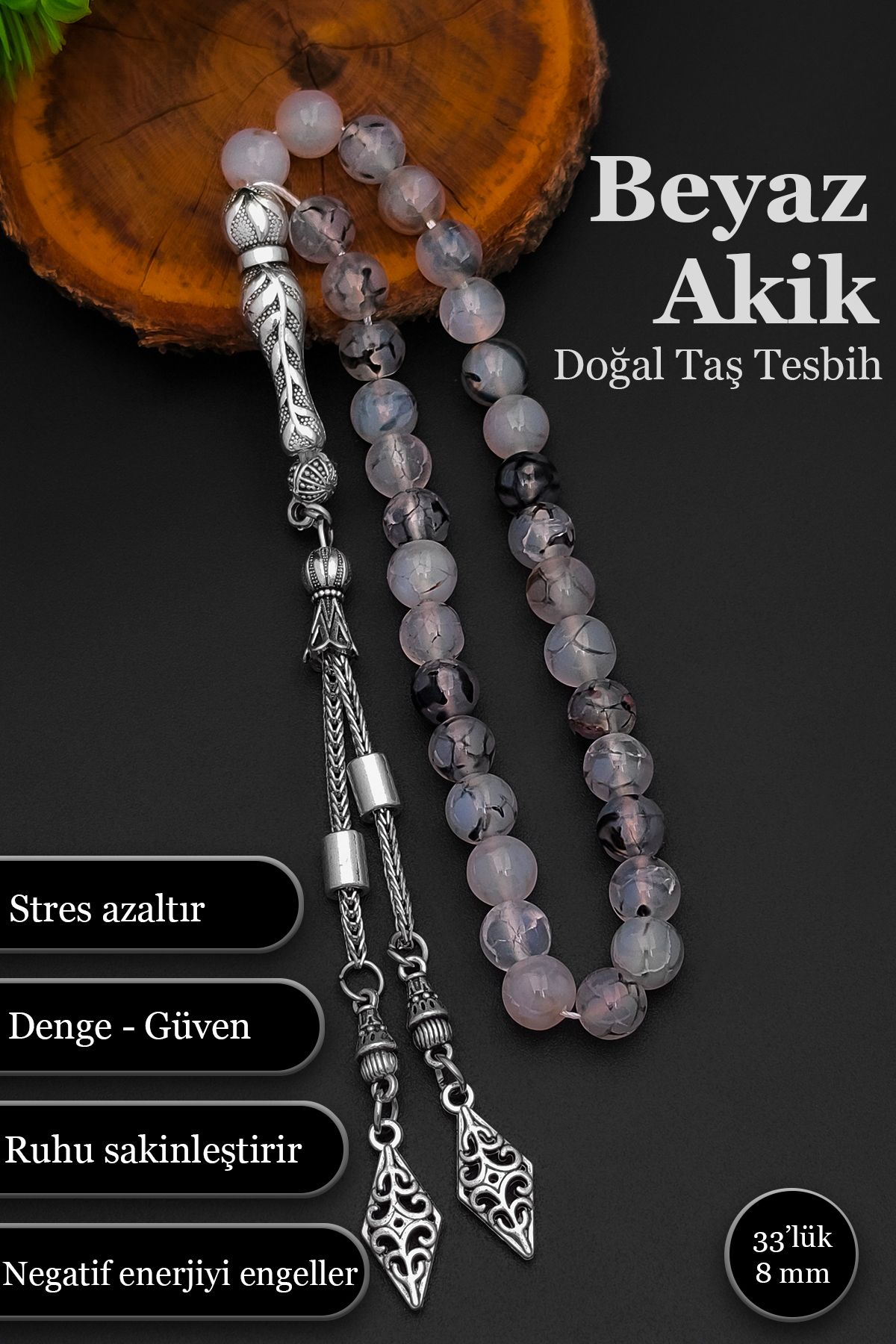 SİLVERA TELKARİ Beyaz Akik Doğal Taş Tesbih Erkek Akik Tesbih BT050