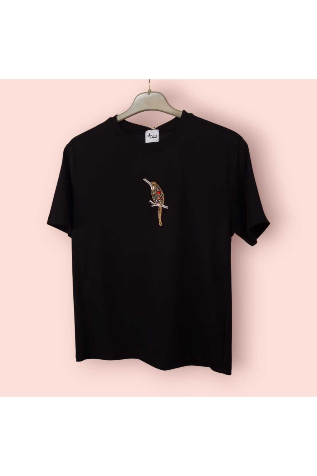Eda Başak Atelier Renkli Taşlı Kuş Baskılı Basic T-Shirt