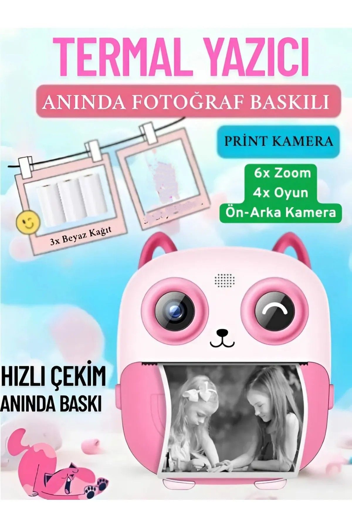 ARELL TEKNOLOJİ Print Camera Çocuk Fotoğraf Makinesi Dijital Hd Video Kamera Anlık Termal Resim Kağıt Baskılı Yazıcı