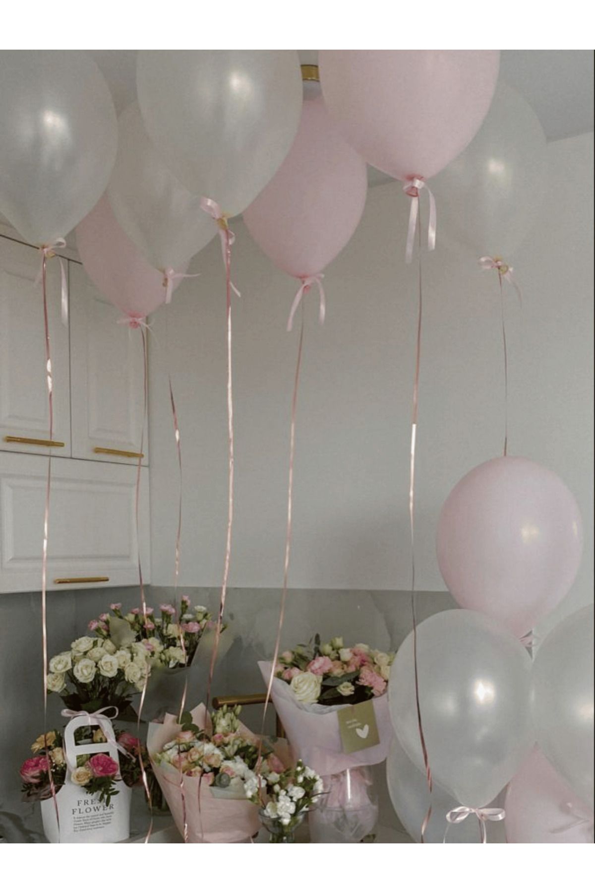 Bunloon Romantik Pembe-Beyaz Balon Seti | 10 Pastel Pembe & 10 Metalik Beyaz