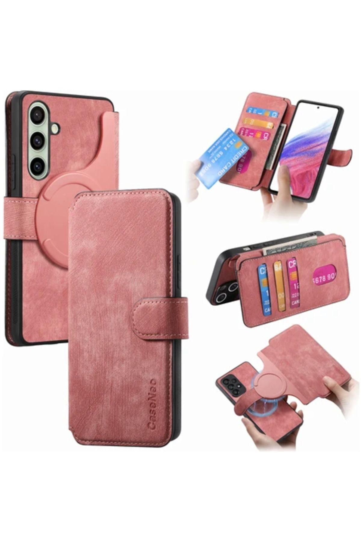Obay Mw-03 Galaxy S24 Fe Kılıf Çıkarılabilir Cüzdan Deri+Tpu Telefon Kapaklı-Pembe