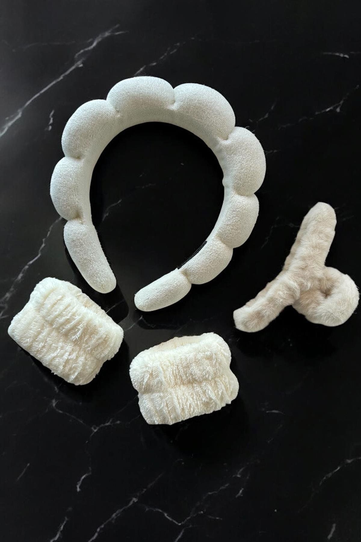 TAKIŞTIR Beyaz Renk Spa Taç/ Mandal Toka/ Su Emici Havlu Bileklik Set