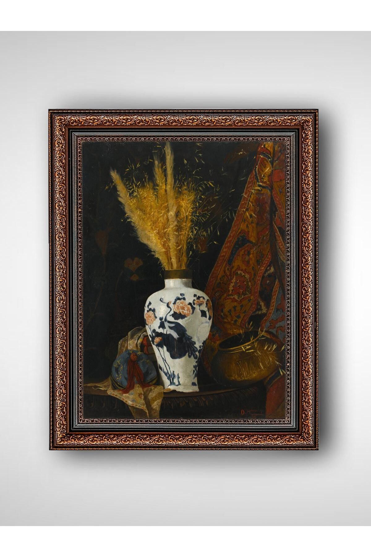 WoodyArts Beyaz Vazoda Çiçekler Osman Hamdi Bey - Kahverengi Vintage Çerçeve