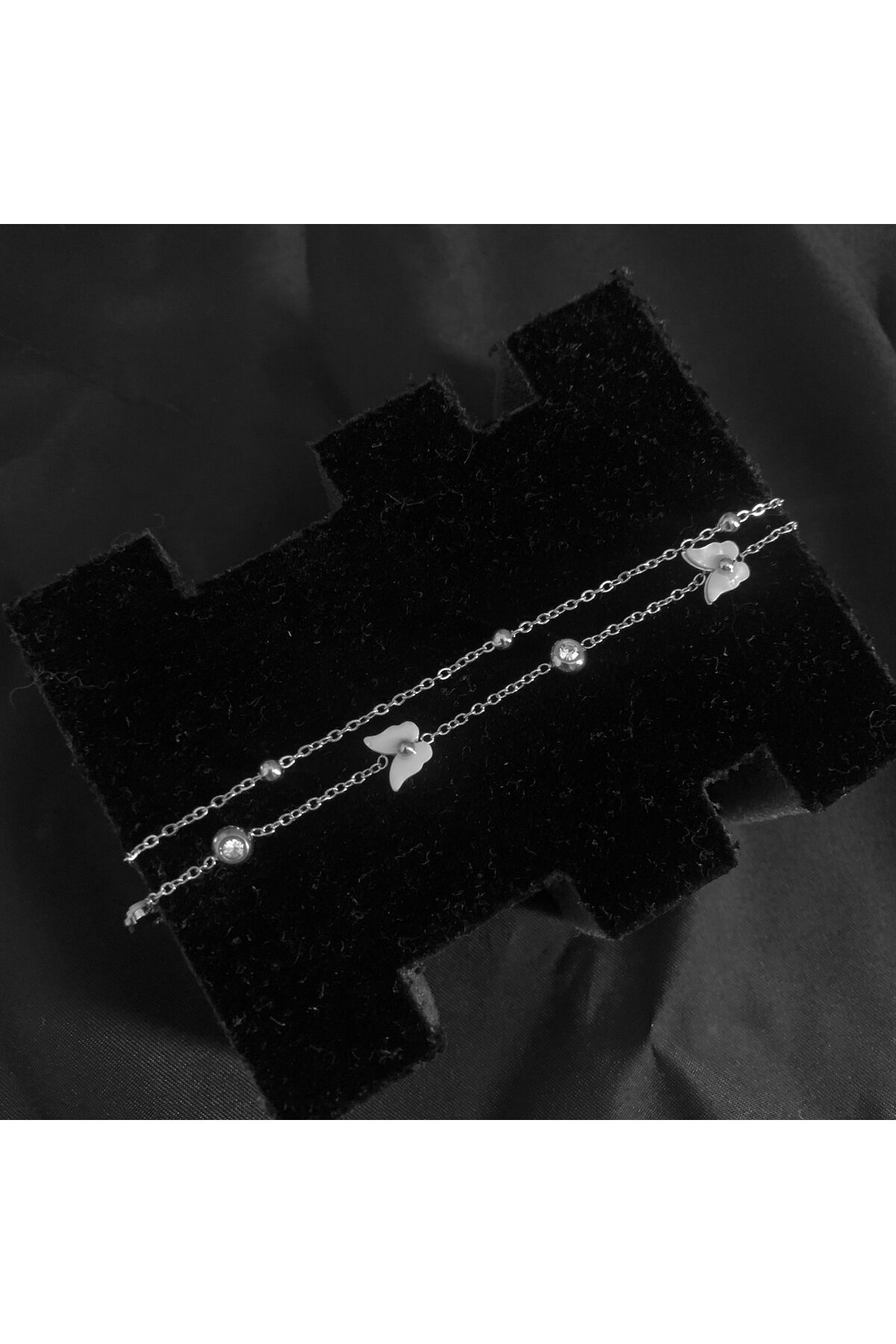 Black Stone Minimal Detaylı Bileklik - Gümüş