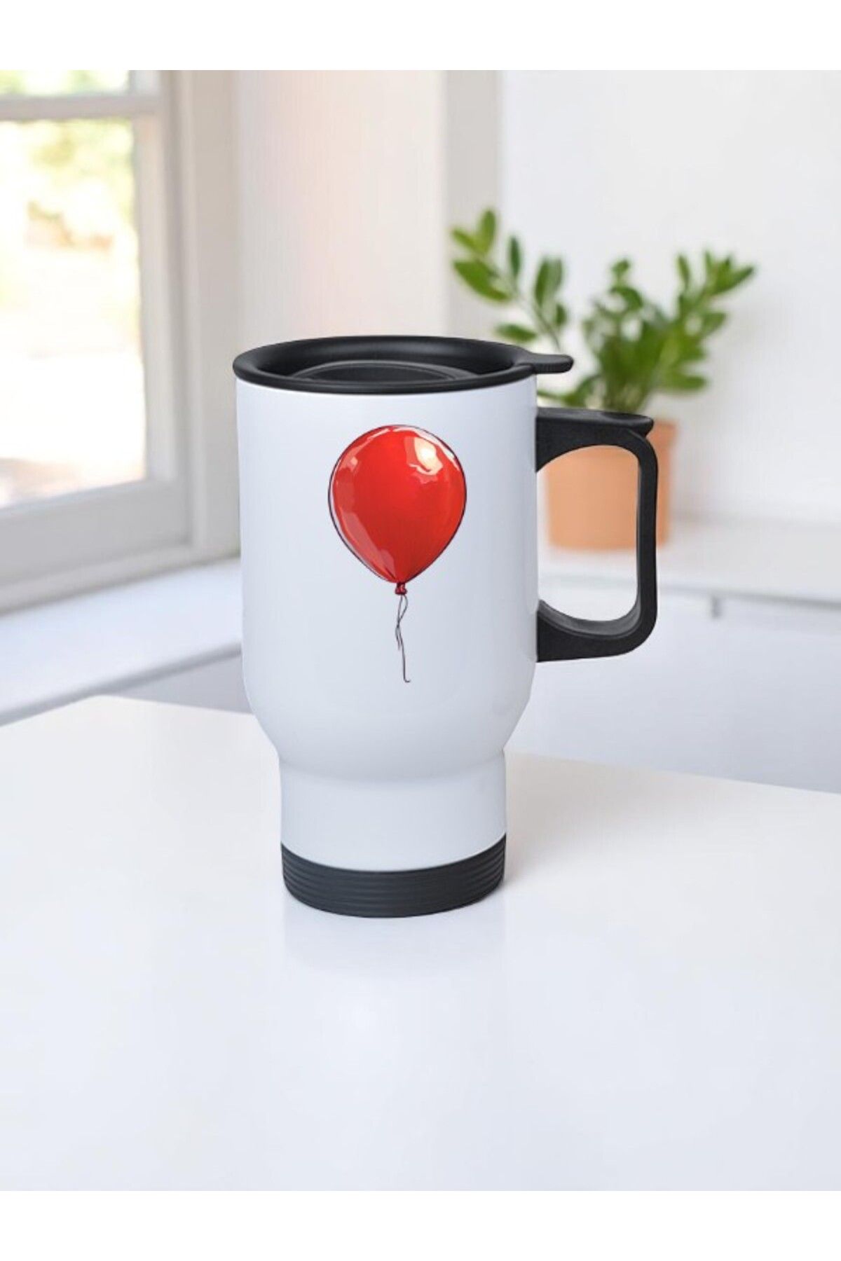 lili hediyelik Kırmızı Balon Baskılı Kulplu Çelik Bardak Termos 450 ml