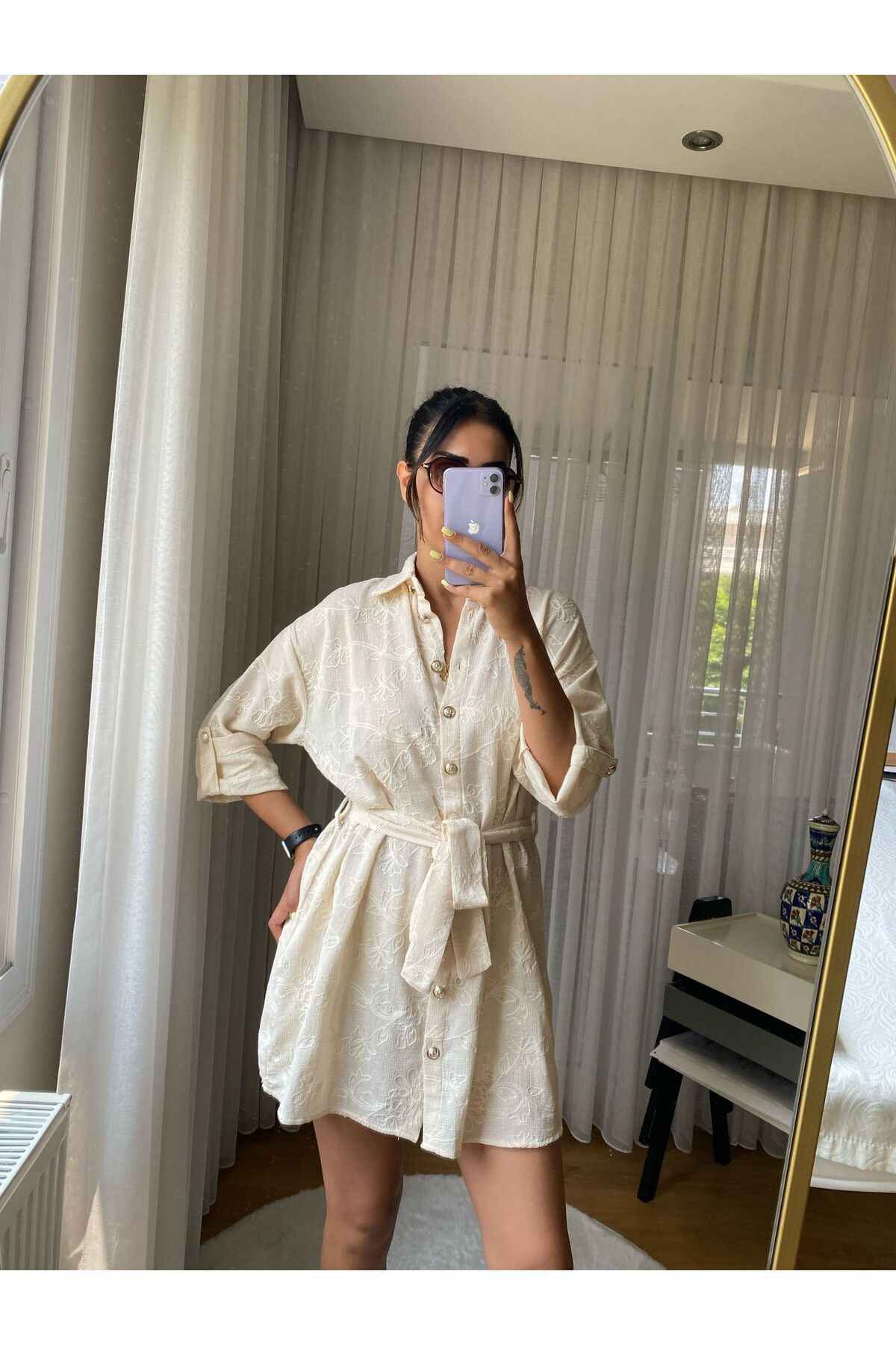Girls House Kadın %100 Pamuk Kemerli Yazlık Nakışlı Gömlek Elbise