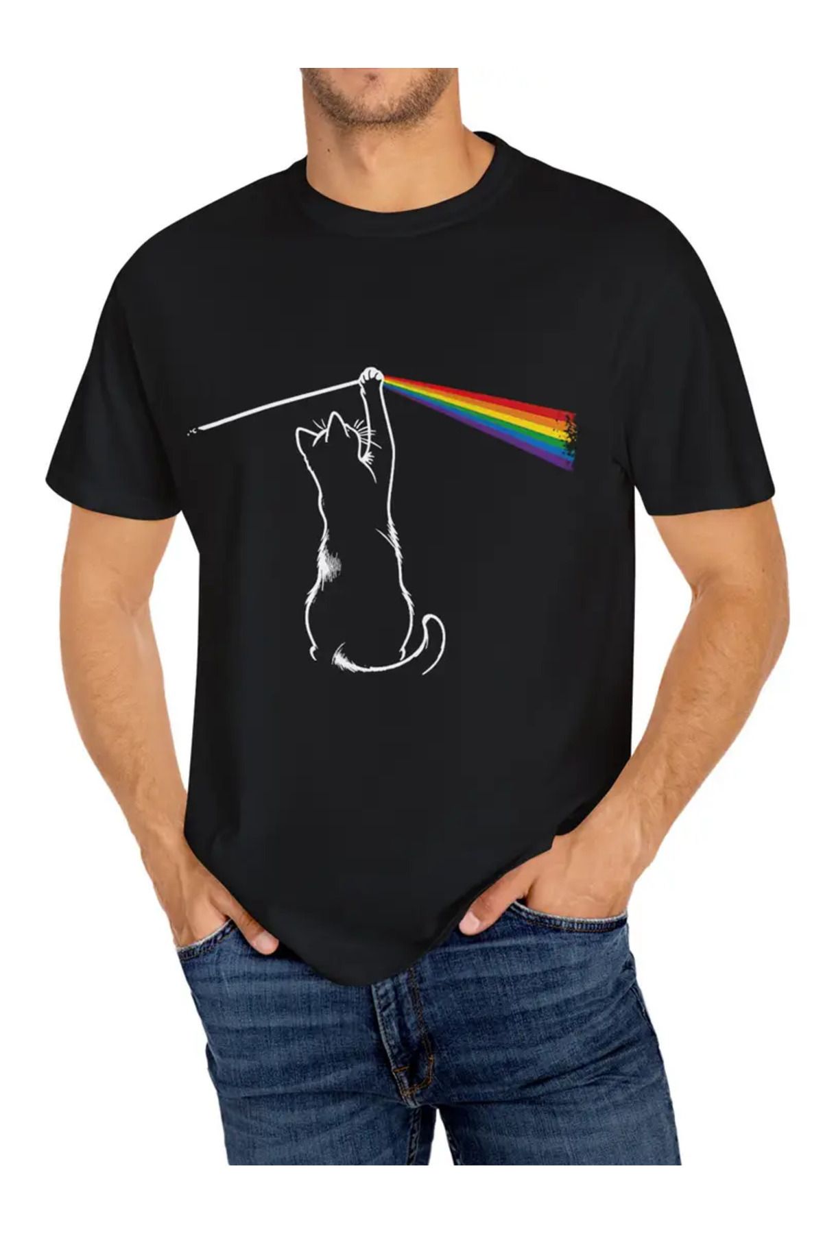 CLASİVA Unisex Cat Light Refraction Oversize Bisiklet Yaka T-shirt