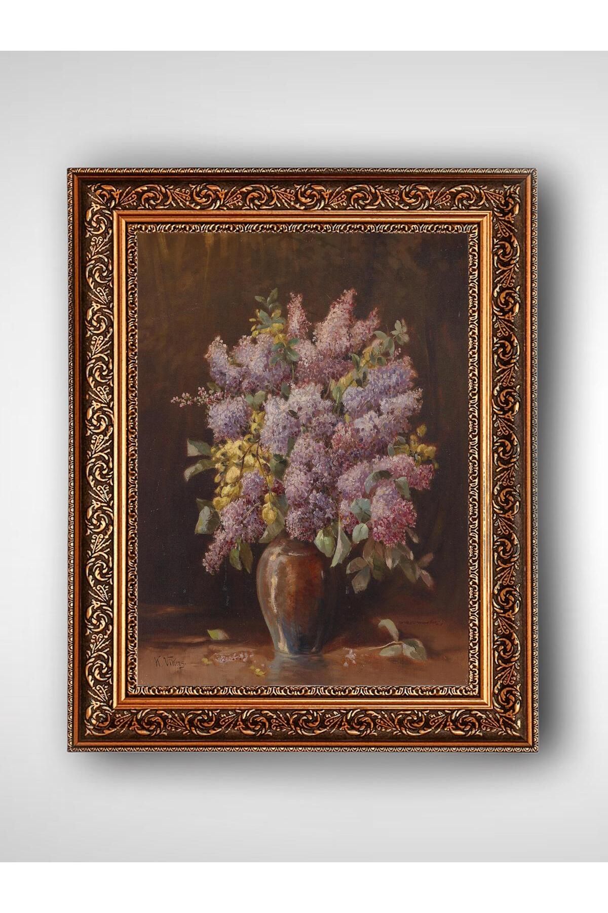 WoodyArts Vazoda Mor Mimoza Çiçekleri - Altın Renkli Vintage Çerçeve