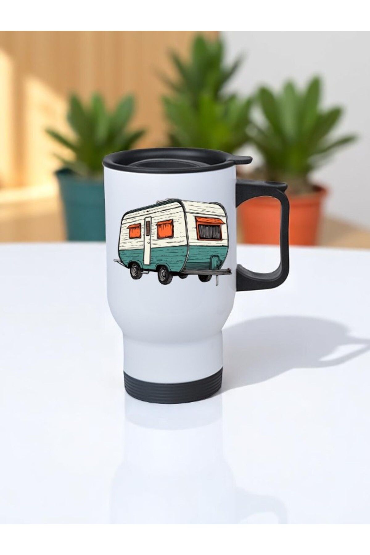 lili hediyelik Karavan Çizimi Baskılı Kulplu Çelik Bardak Termos 450 ml
