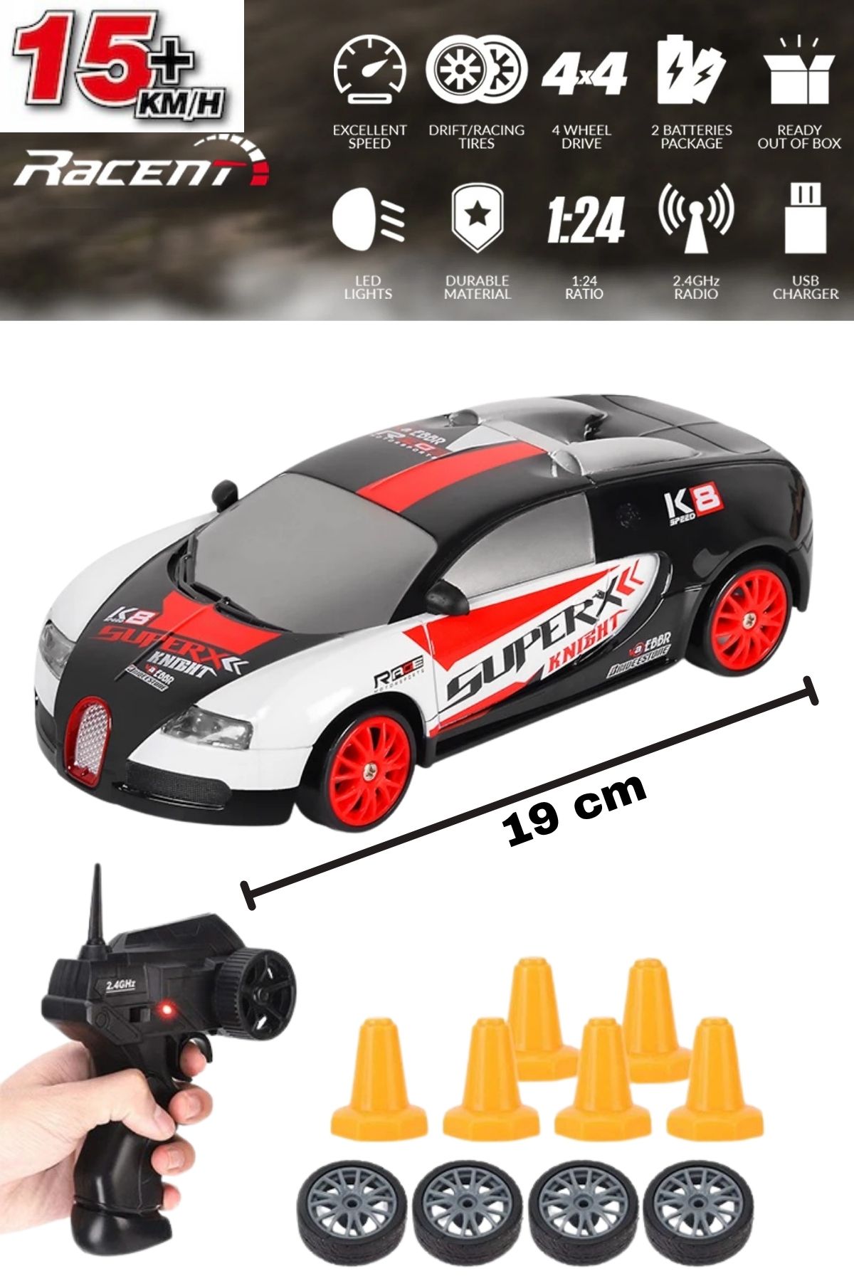 TRENDZONE Uzaktan Kumandalı Full Fonksiyon Şarjlı Işıklı 4WD Drift Atan 15 Km Hız Yapan Araba 19cm