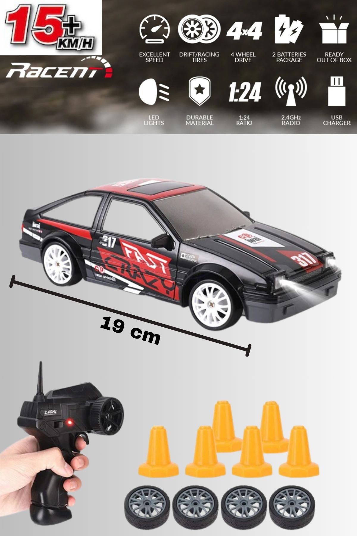TRENDZONE Uzaktan Kumandalı Full Fonksiyon Şarjlı Işıklı 4WD Drift Atan 15 Km Hız Yapan Araba 19cm
