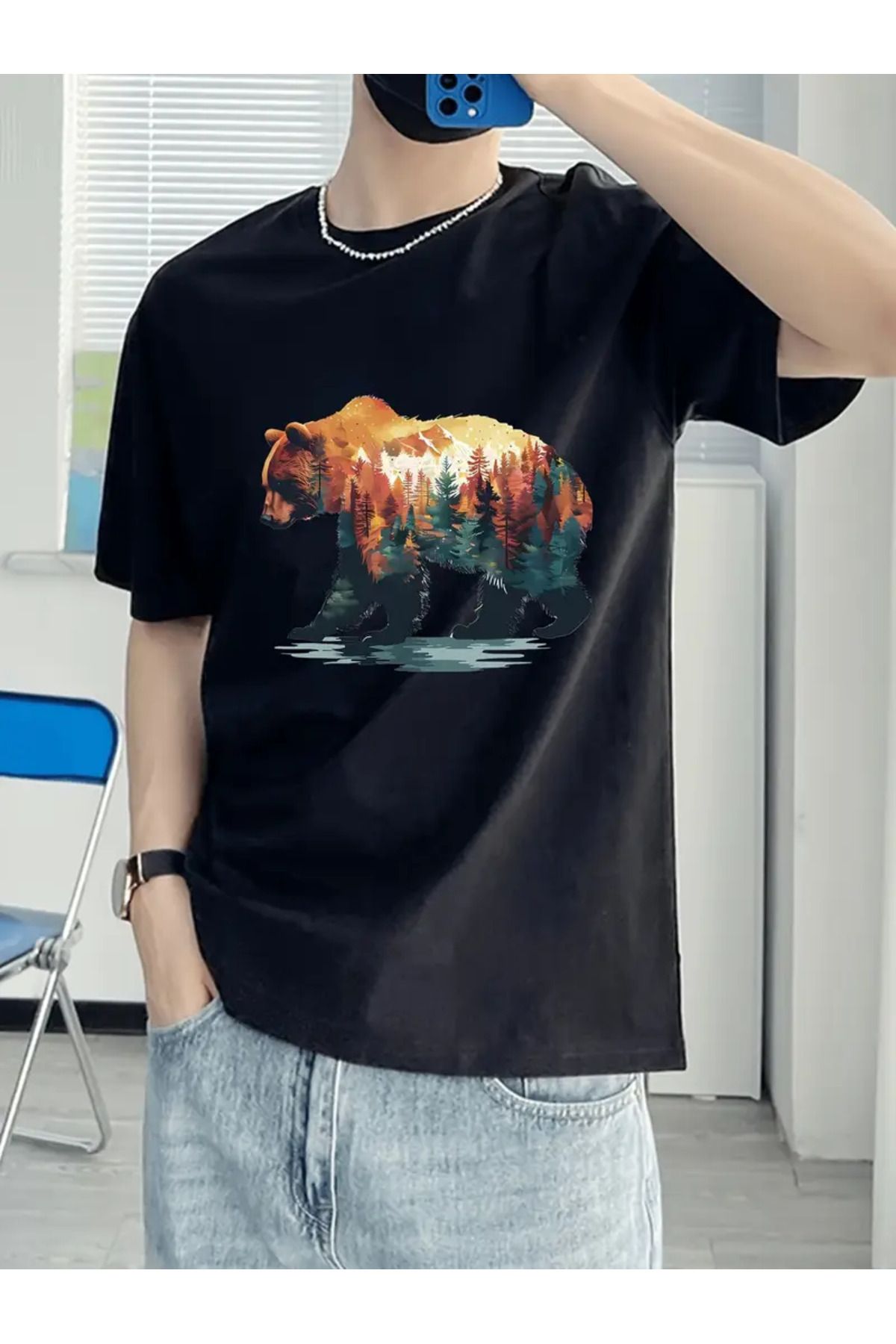 CLASİVA Unisex Forest Bear Oversize Bisiklet Yaka T-shirt