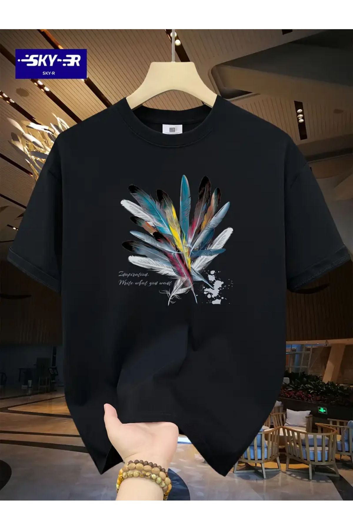 CLASİVA Unisex Renkli Tüy Oversize Bisiklet Yaka T-shirt