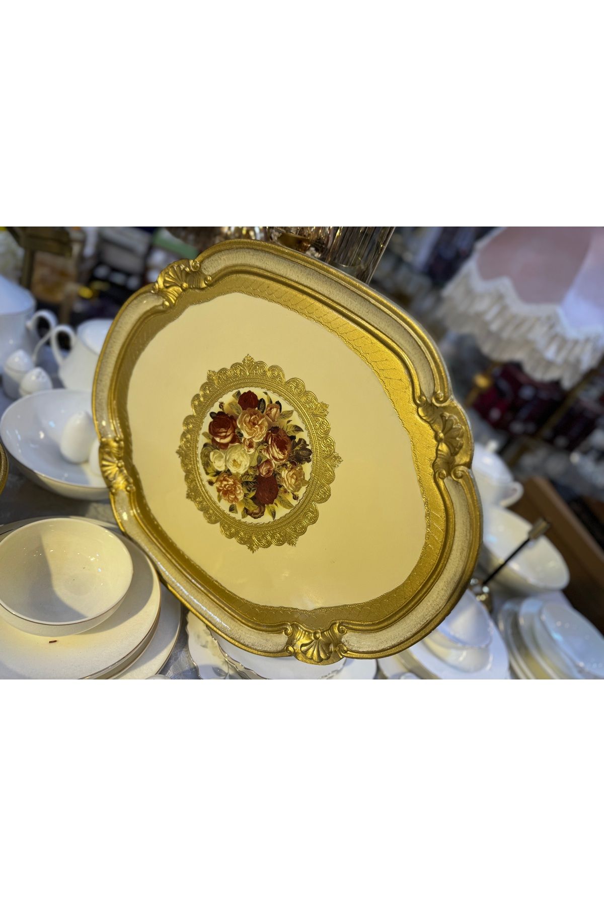 masi ESTERHOMEDECOR Orta boy orijinal İtalyan Gül ağacı çiçekli tepsi 6 kişilik