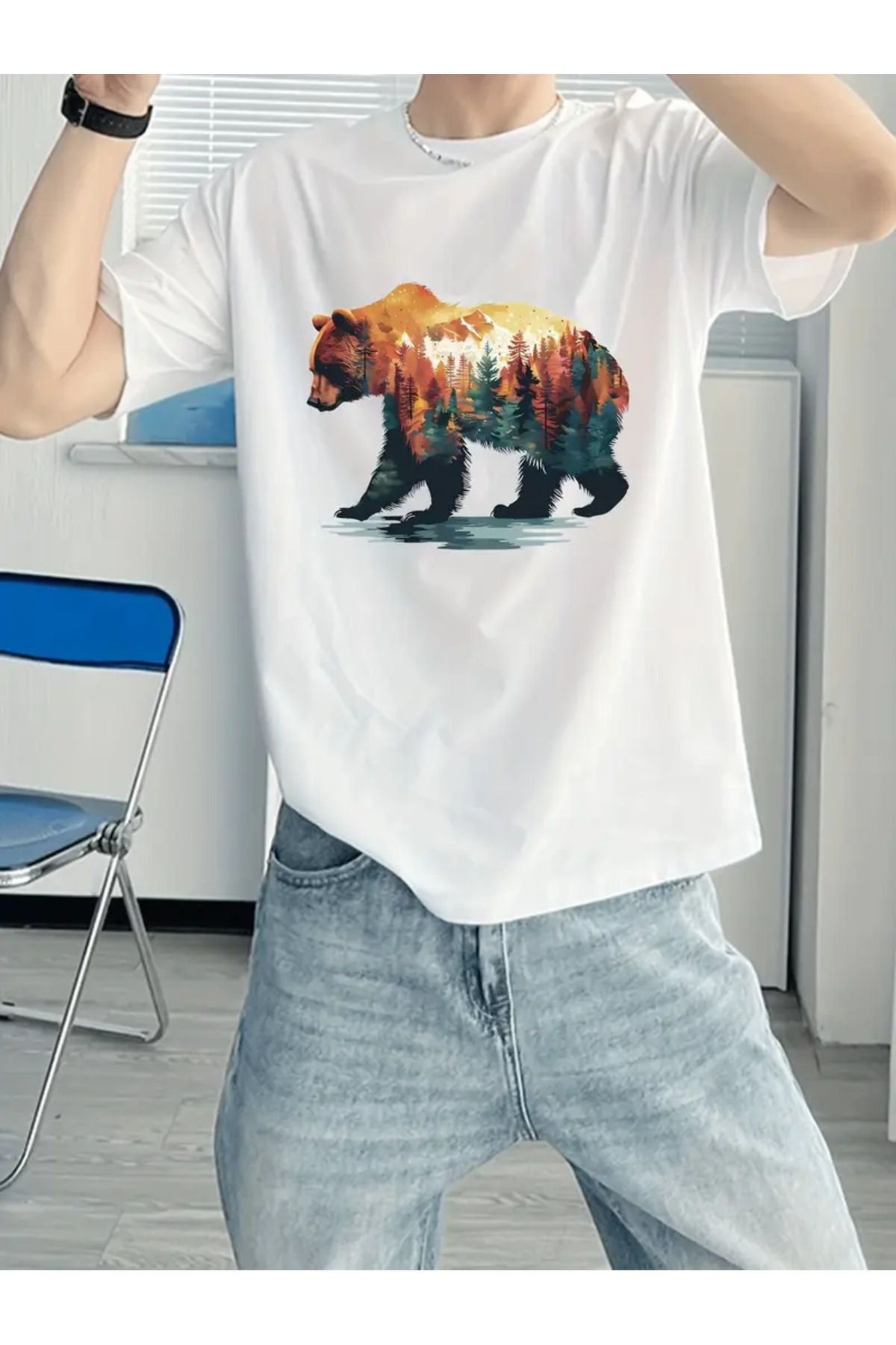 CLASİVA Unisex Forest Bear Oversize Bisiklet Yaka T-shirt