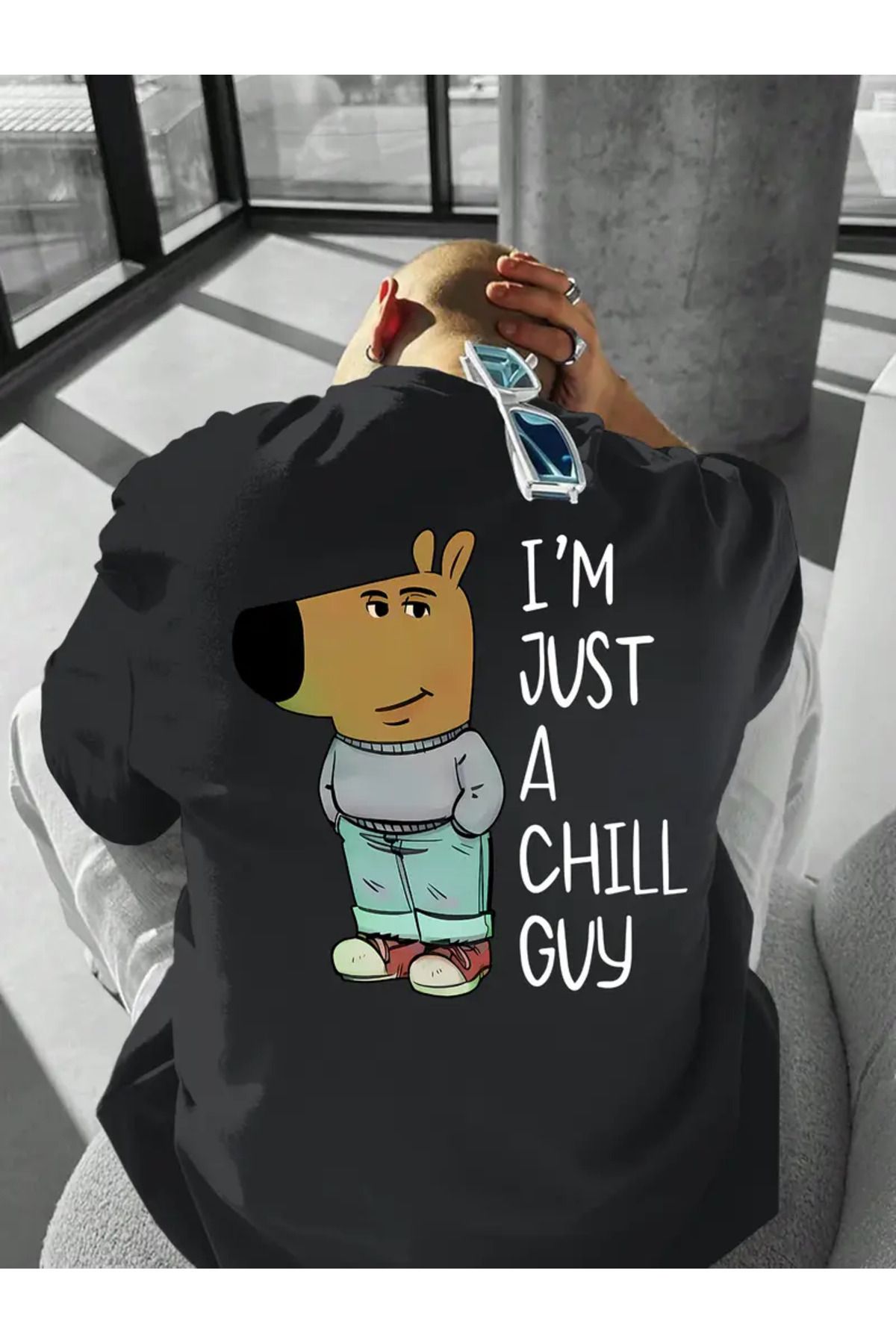 CLASİVA Unisex I'M JUST CHILL A GUY Basklılı Oversize Bisiklet Yaka T-shirt