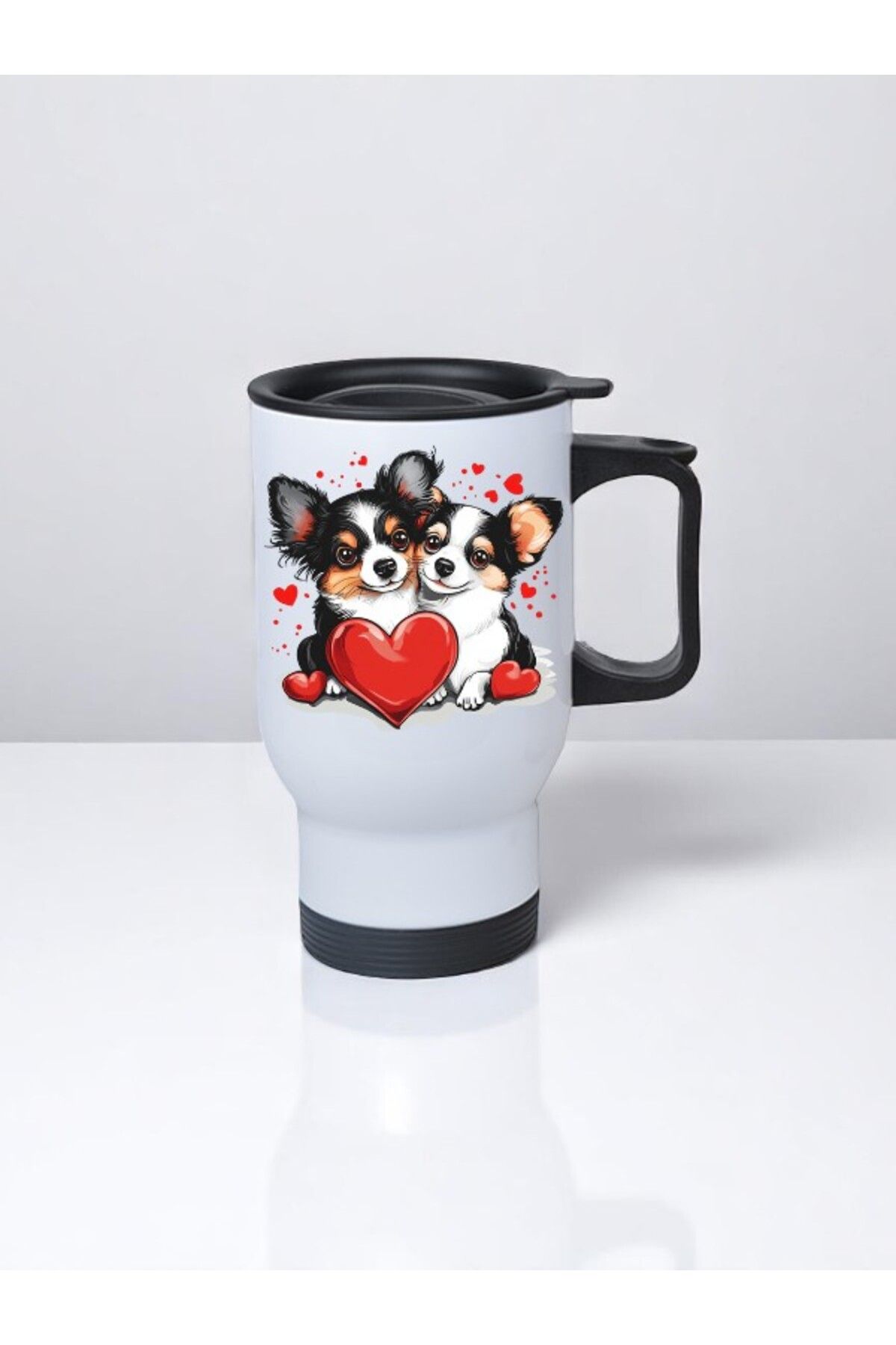 lili hediyelik Kalpli Köpekler Baskılı Kulplu Çelik Bardak Termos 450 ml