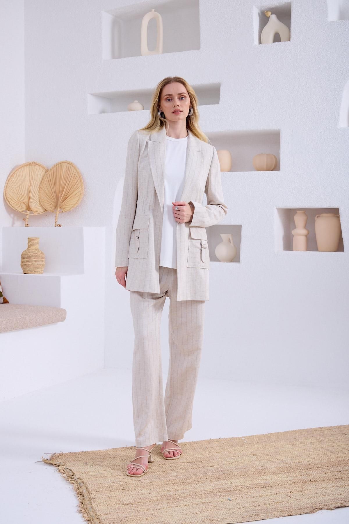 Premium KETEN ÇİZGİLİ BLAZER CEKETLİ TAKIM