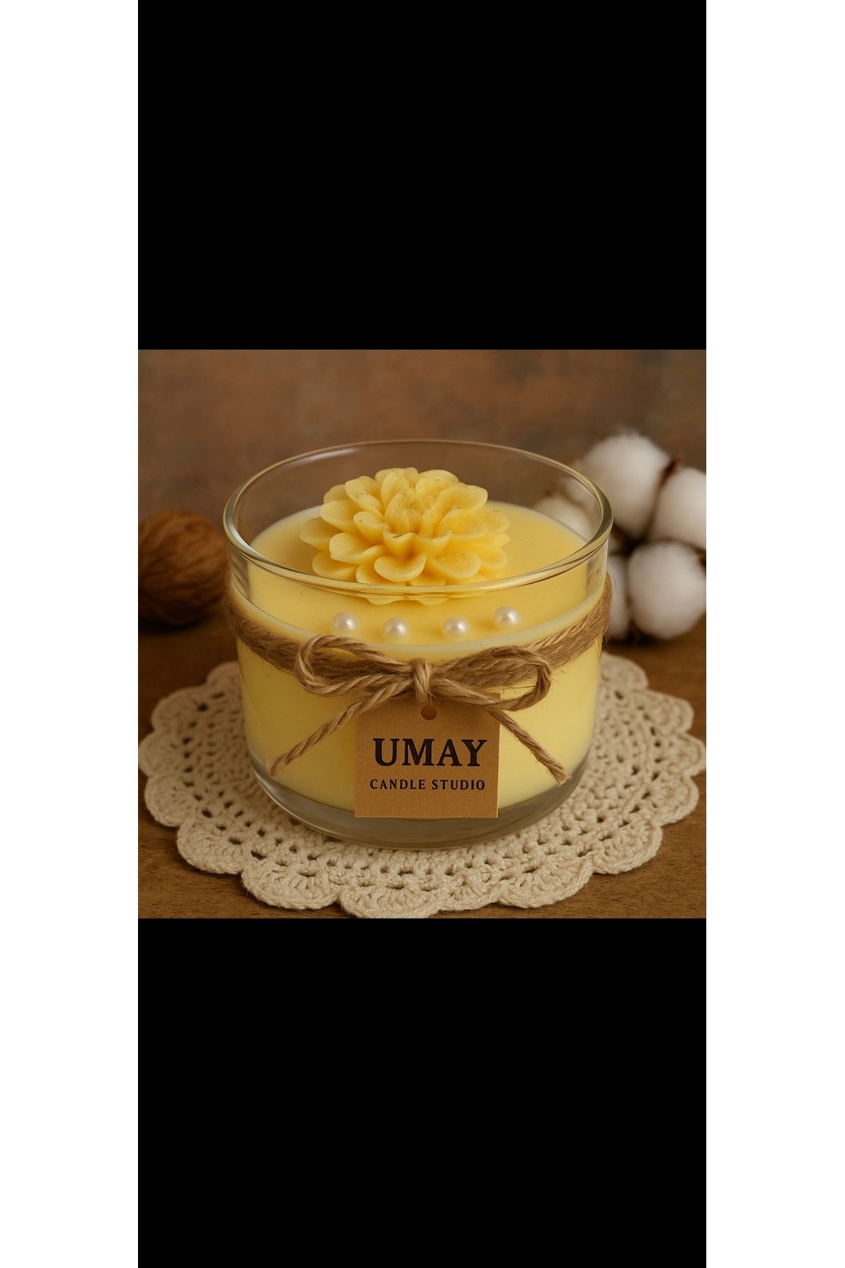 Handmade Sarı incili dekoratif ,hediyelik Lotus Mum