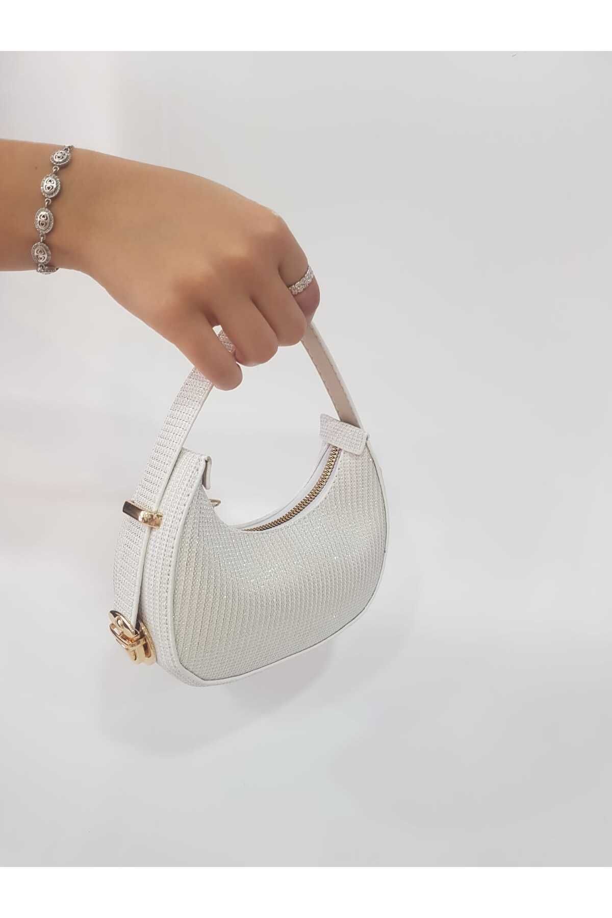 GÜLÇEM butik Mini Abiye Çanta Gost Simli Beyaz