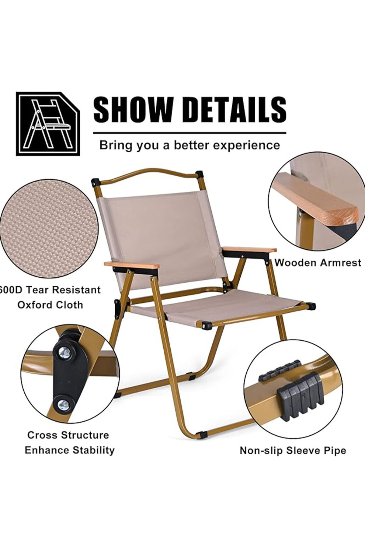 كرسي تخييم قابل للطي بإطار من الألومنيوم، للنزهات والشاطئ والحديقة، لون بيج - 78 ارتفاع × 40 ارتفاع × 52 عمق × 52 عرض سم