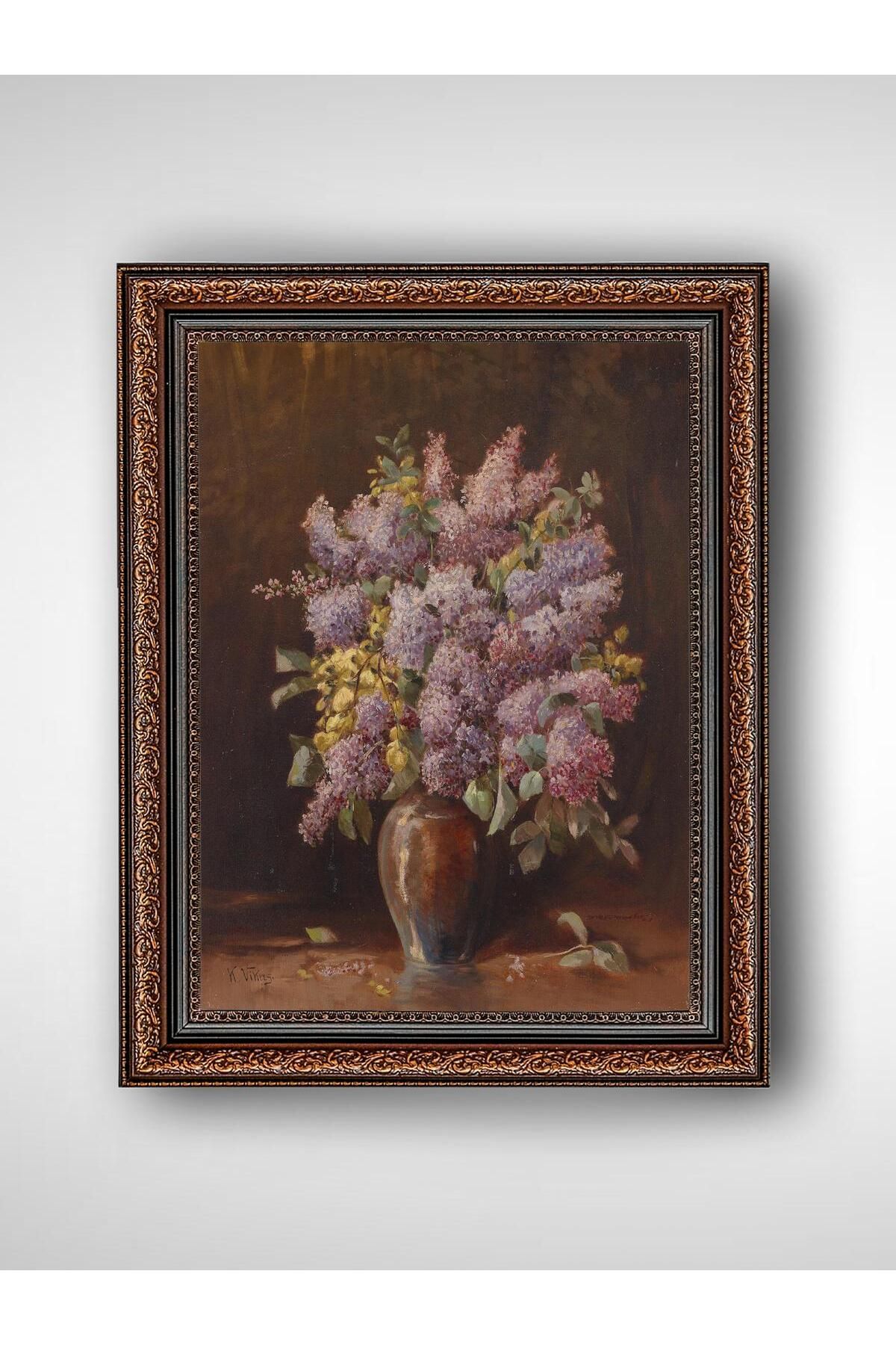 WoodyArts Vazoda Mor Mimoza Çiçekleri - Kahverengi Vintage Çerçeve