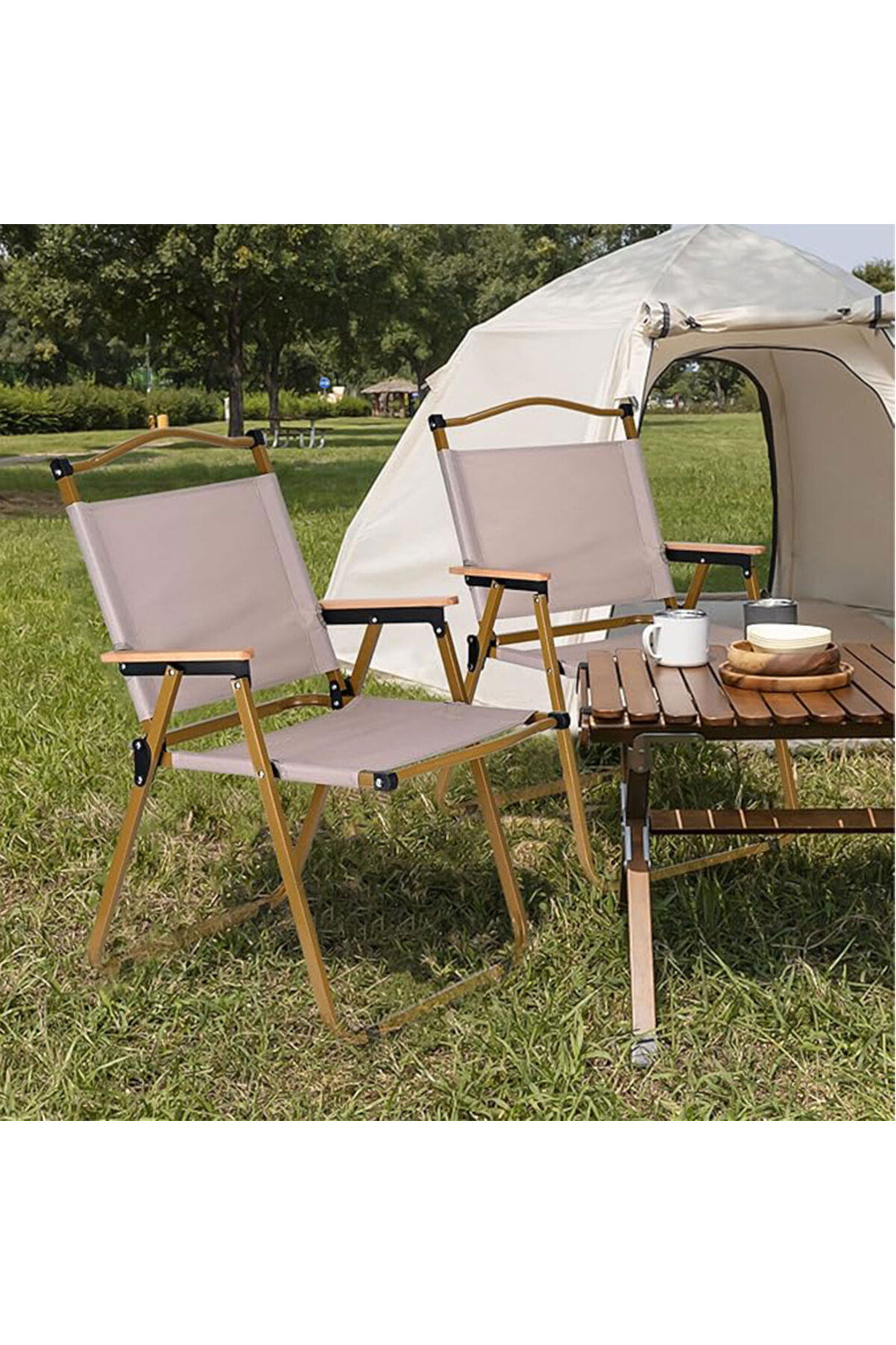 كرسي تخييم قابل للطي بإطار من الألومنيوم، للنزهات والشاطئ والحديقة، لون بيج - 78 ارتفاع × 40 ارتفاع × 52 عمق × 52 عرض سم