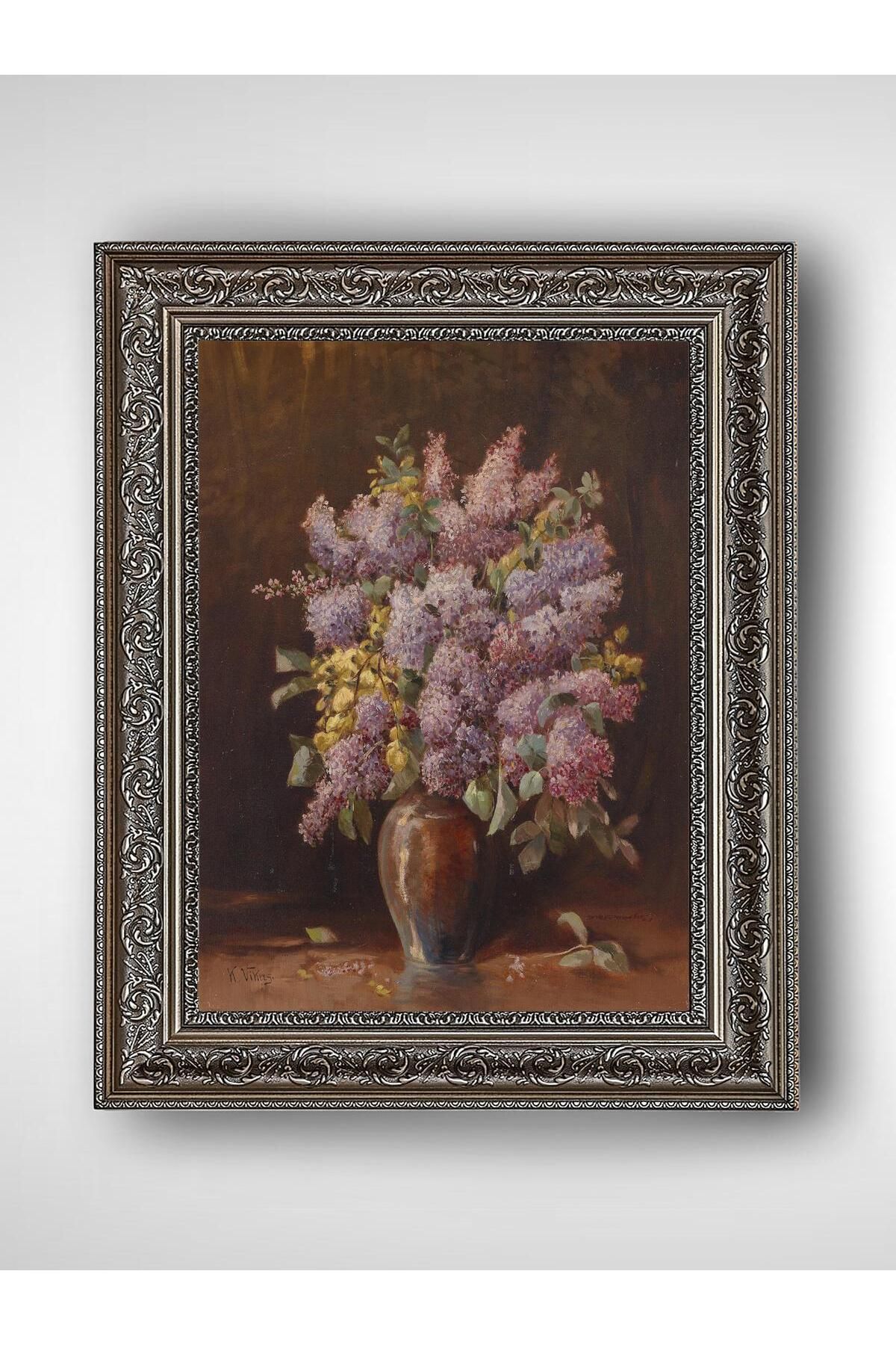 WoodyArts Vazoda Mor Mimoza Çiçekleri - Gri Vintage Çerçeve