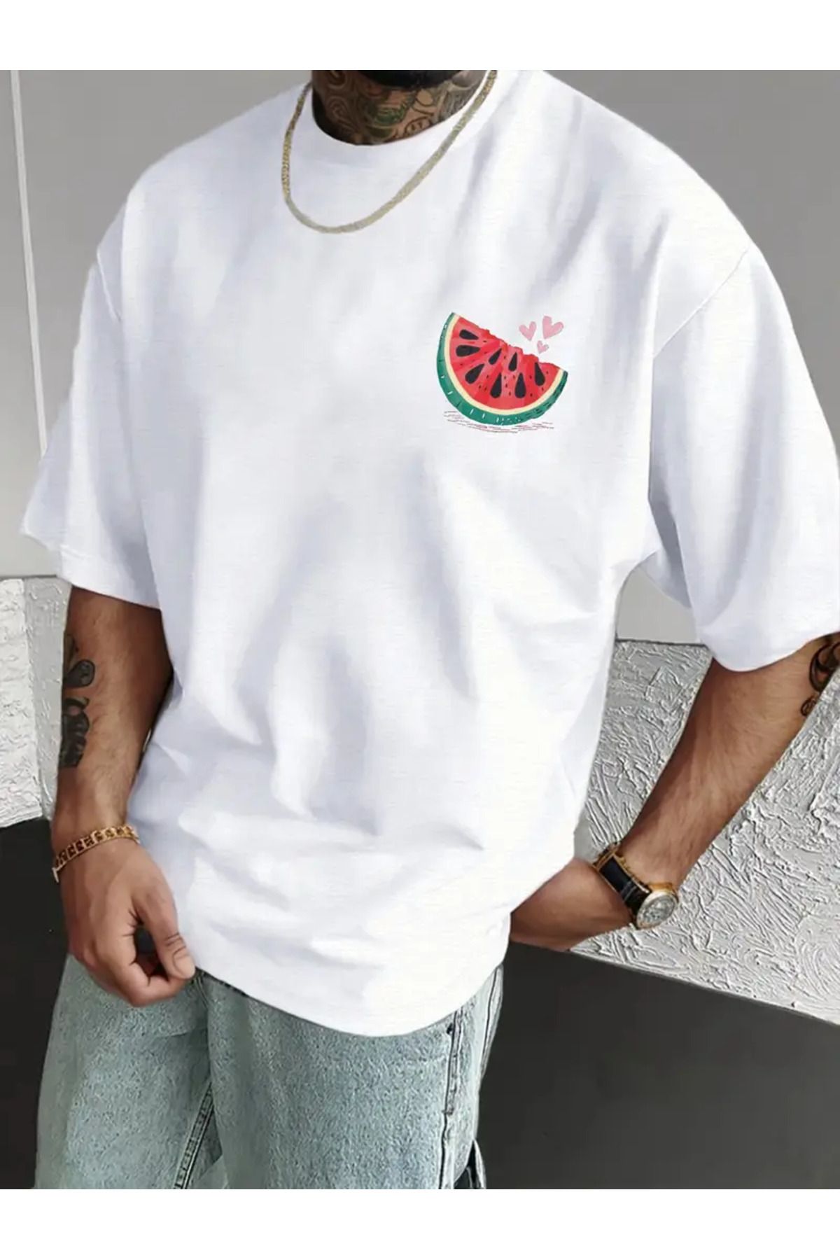 CLASİVA Unisex Karpuz Baskılı Oversize Bisiklet Yaka T-shirt