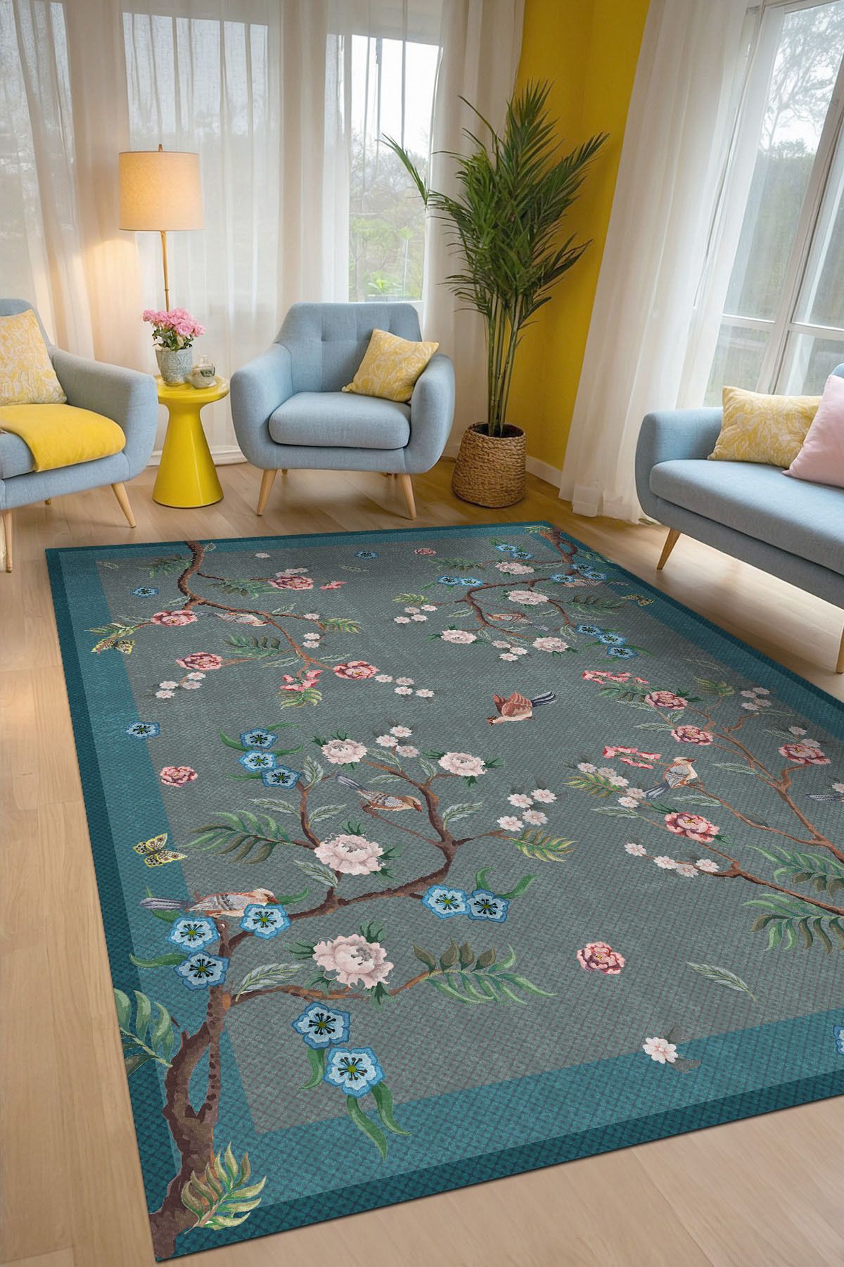 AIDA HOME Prans Floral Desenli Pamuk Tabanlı Yıkanabilen Kaydırmaz Antibakteriyel Şönil Salon Halısı