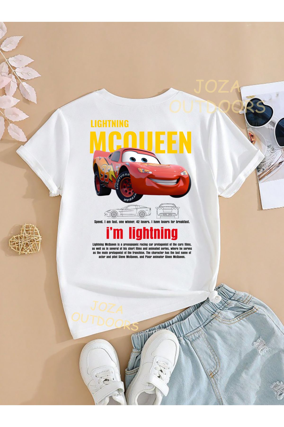Joza Outdoors Unisex Kız ve Erkek Mcqueen & Sally Tasarım SIRT Baskılı Renkli Çocuk Tekli T-shirt
