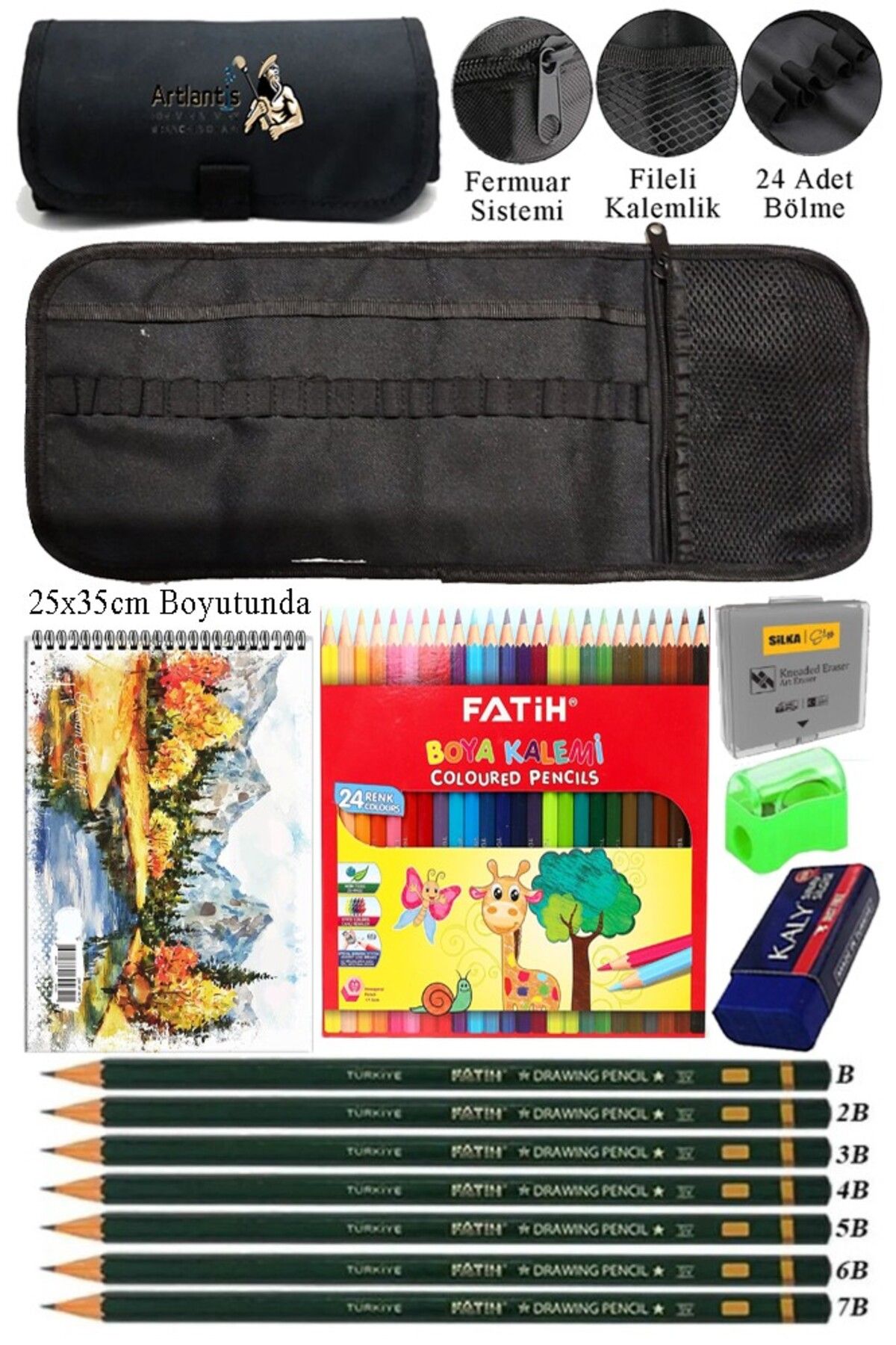 Artlantis Resim Defteri 25x35 cm 24 Renk Kuru Boya Dereceli Kurşun Kalem Rulo Kalemlik 24 Bölmeli Hamur Silgi