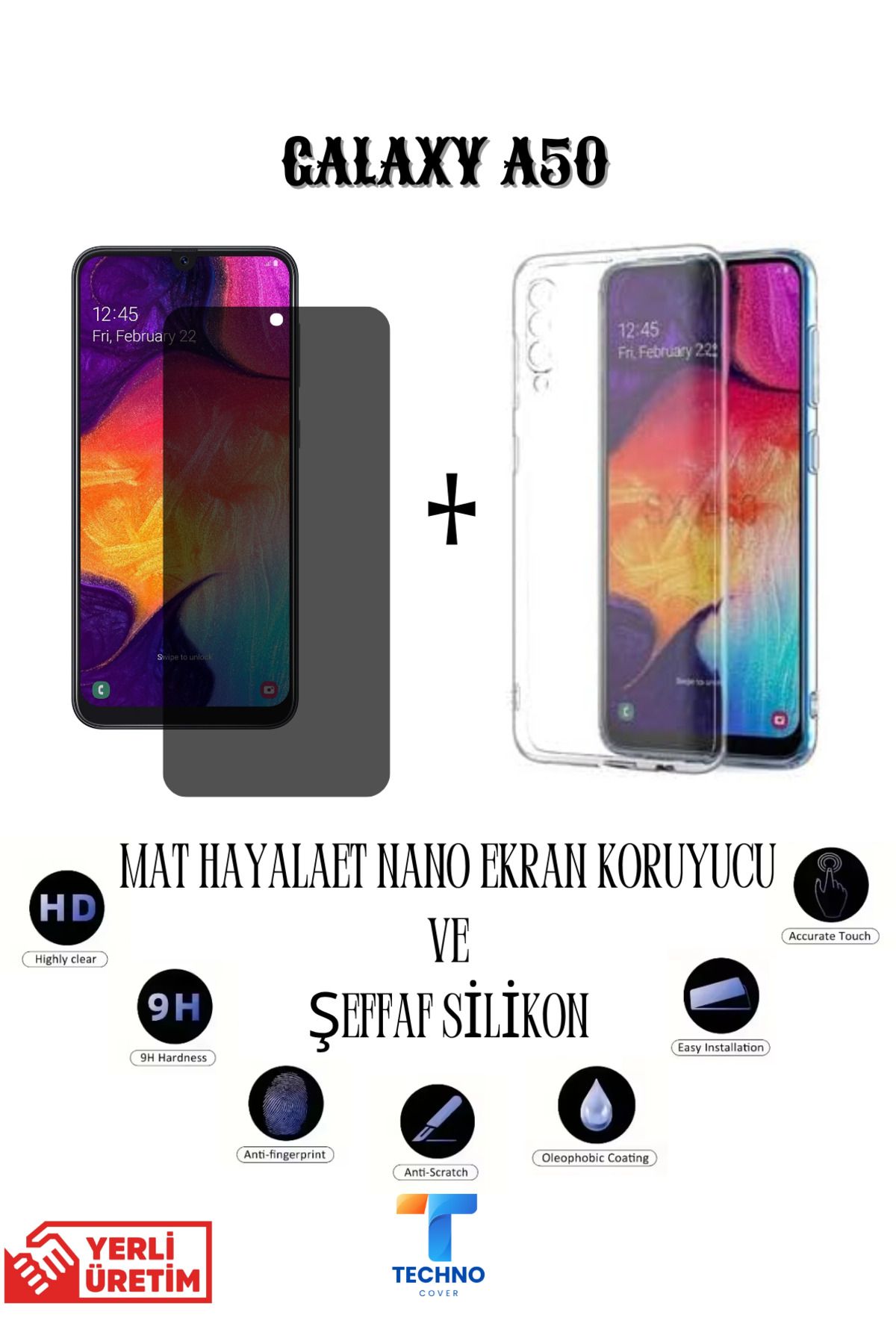 foxpower Samsung A50 Mat Hayalet Nano Ekran Koruyucu vemŞeffaf Kılıf 2li Avantajlı Paket