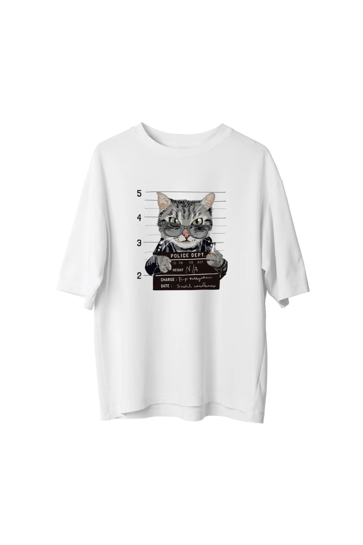 Koklonmoda Unisex Suçlu Kedi Baskılı Oversize T-Shirt