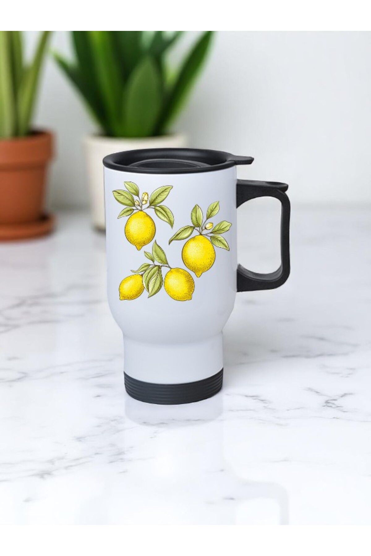 lili hediyelik Limonlar Baskılı Kulplu Çelik Bardak Termos 450 ml