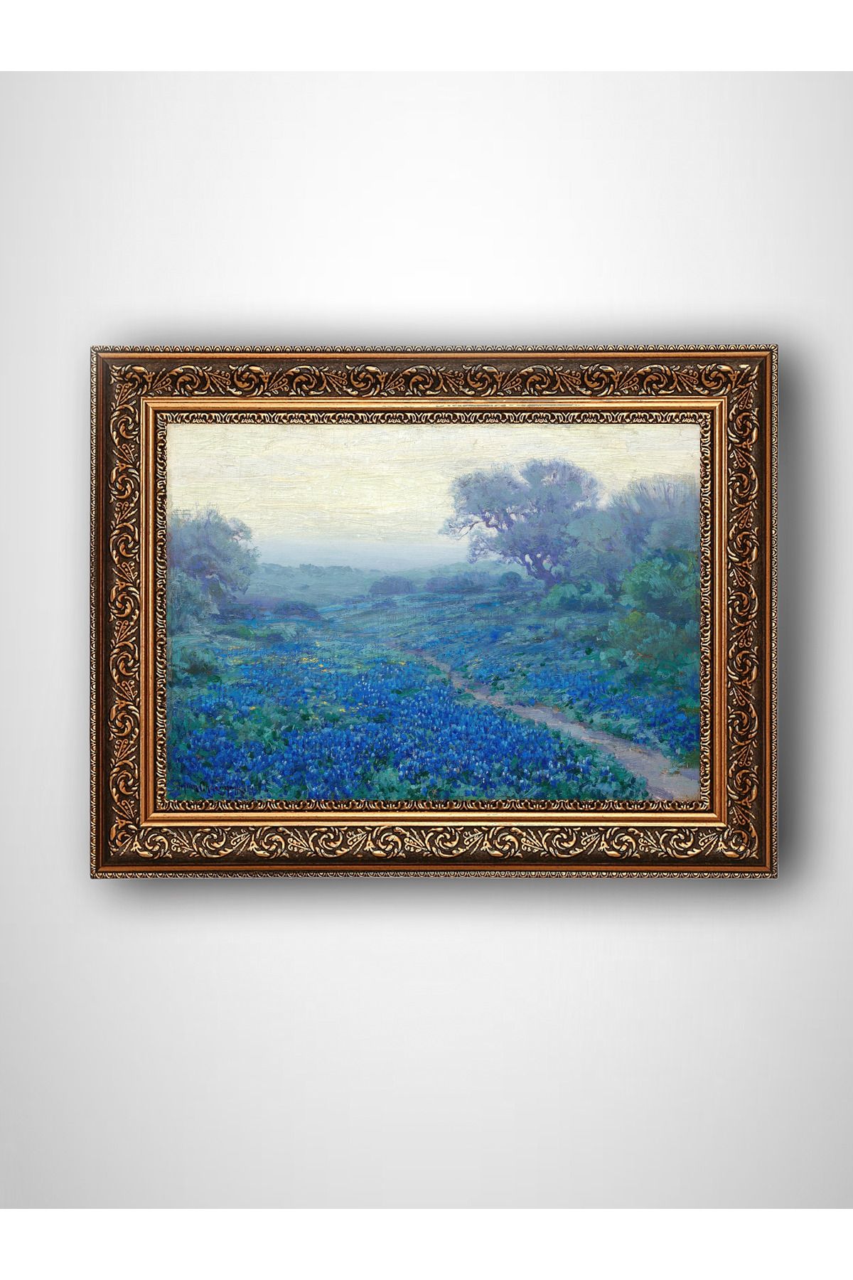 WoodyArts Mor Çiçekli Tarla - Altın Renkli Vintage Çerçeve