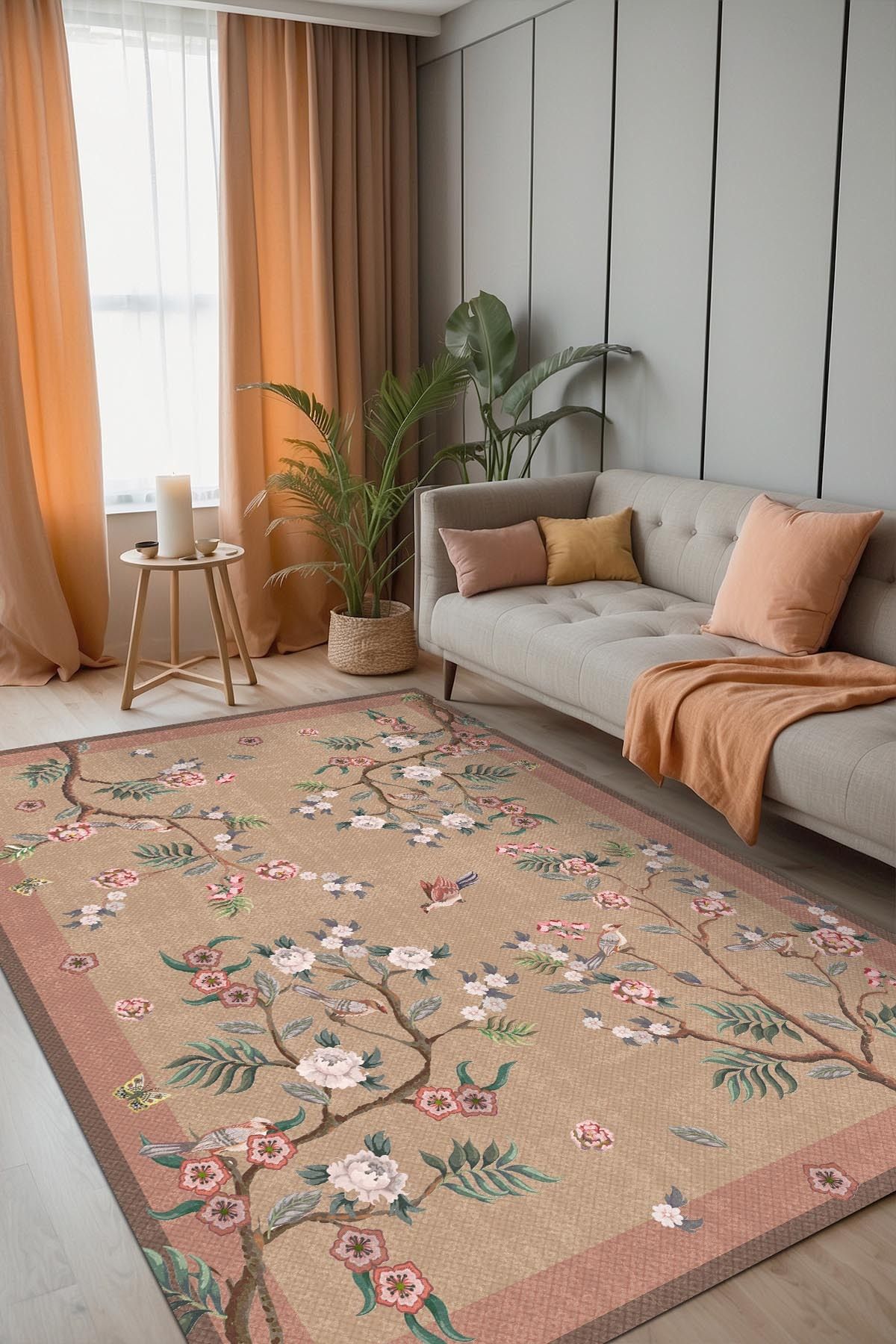 AIDA HOME Sumsey Floral Desenli Pamuk Tabanlı Yıkanabilen Kaydırmaz Antibakteriyel Şönil Salon Halısı