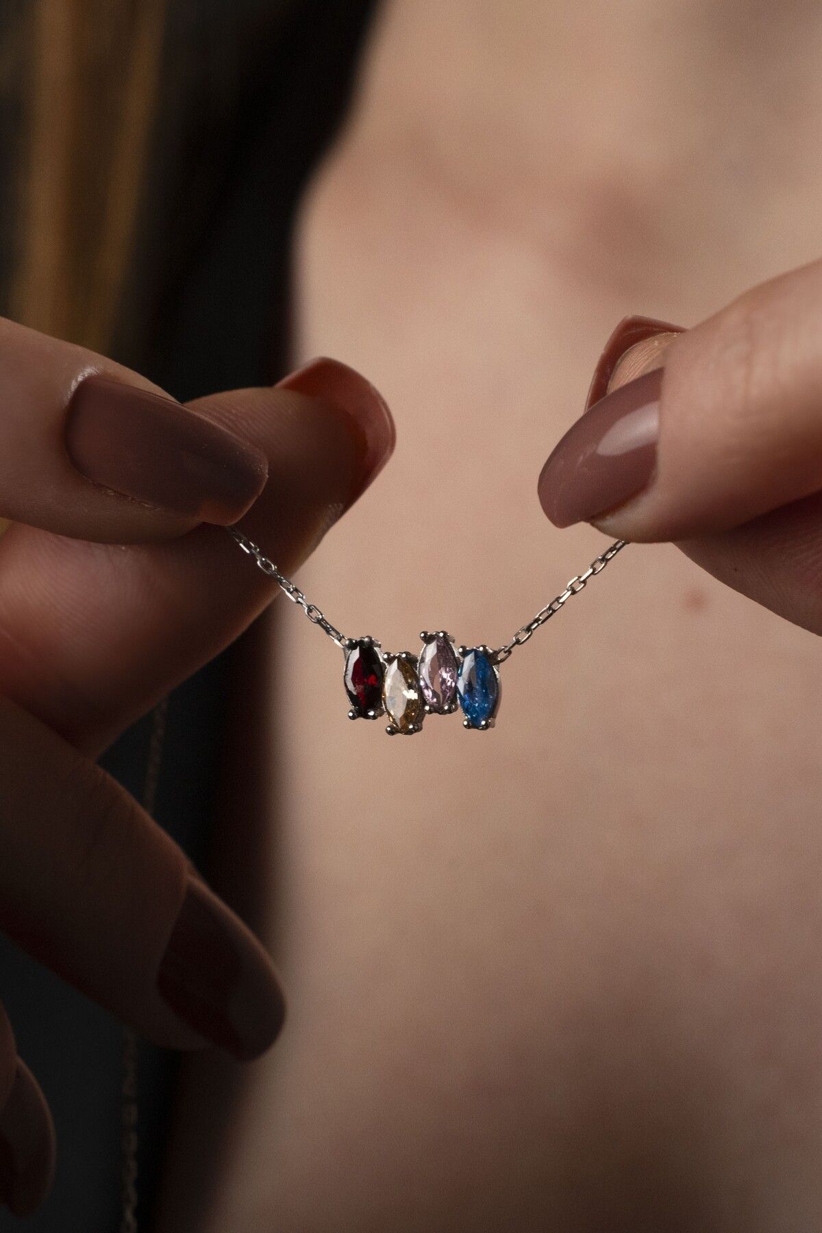 TigerxlJewellery 925 Ayar Gümüş Doğum Taşı Bar Kolye