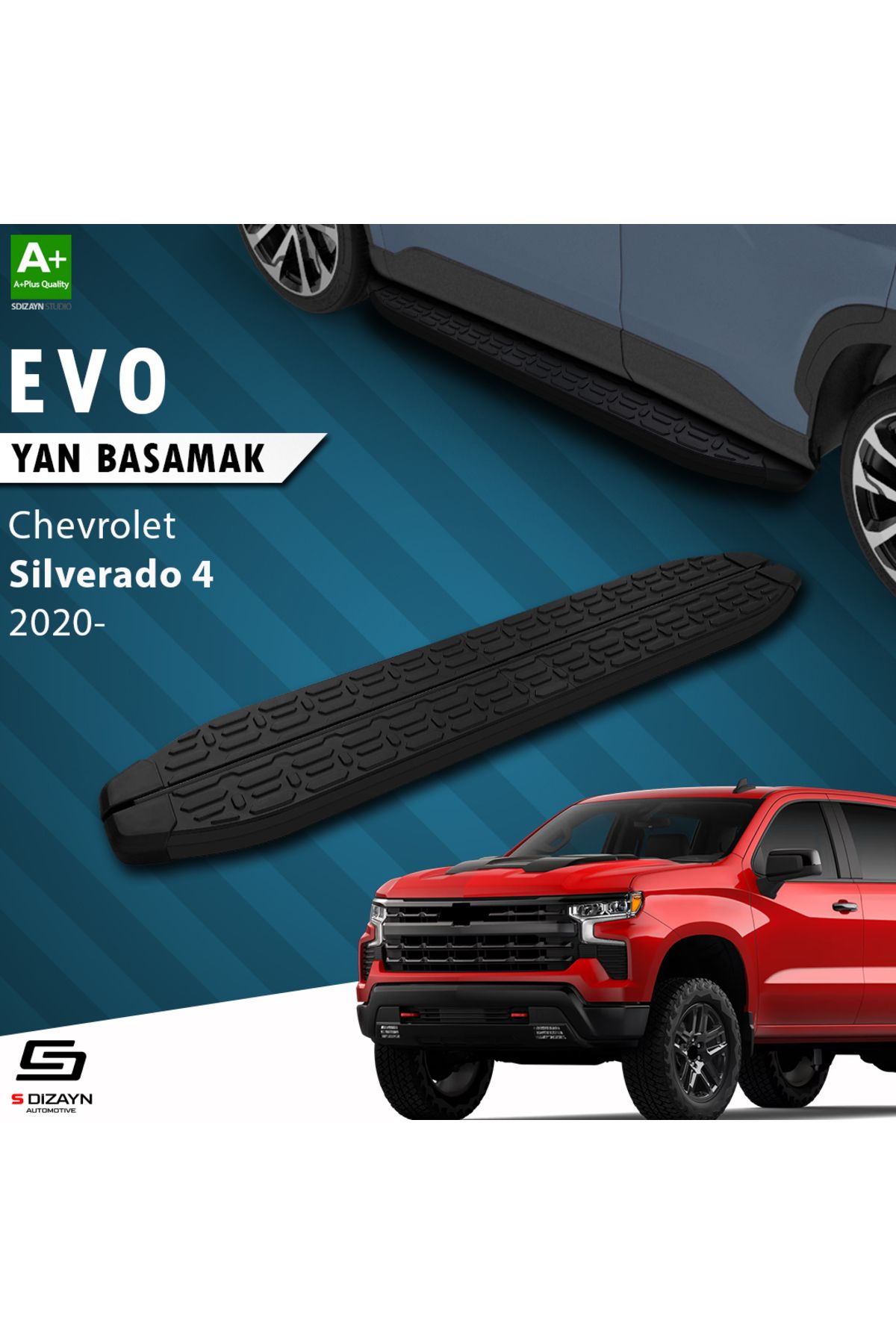 Life Tuning S-Dizayn Chevrolet Silverado 4 Uzun Şase Evo Siyah Yan Basamak 253 Cm 2020 Üzeri A+ Kalite
