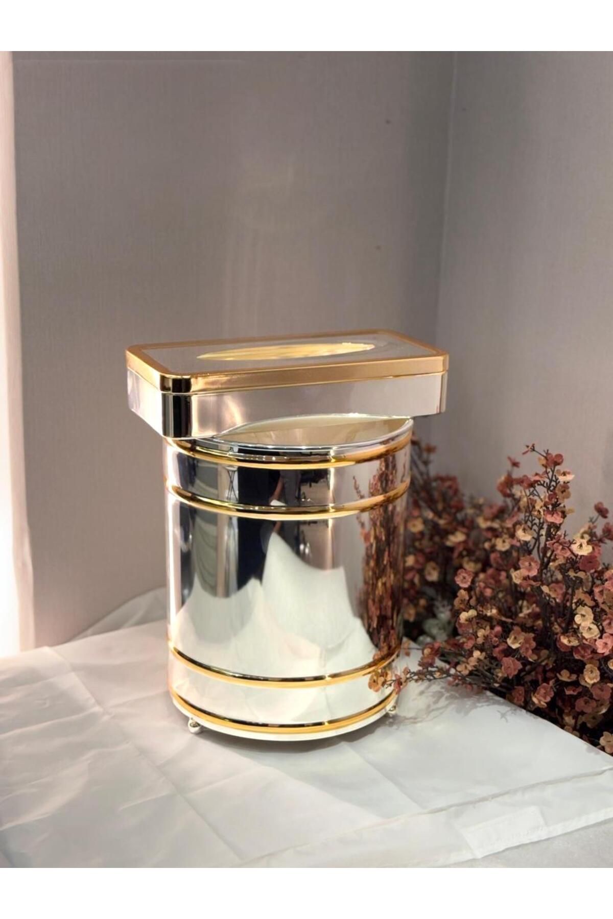aljahwari-Chrome two-tone trash can set with tissue box 1