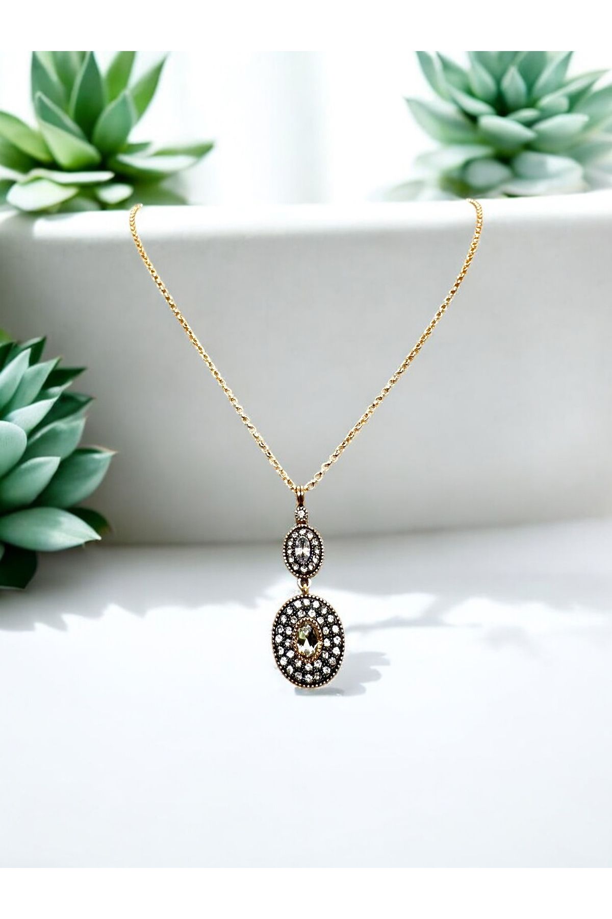 FUYA JEWELLERY Zirkon Taşlı İkili Oval Kolye
