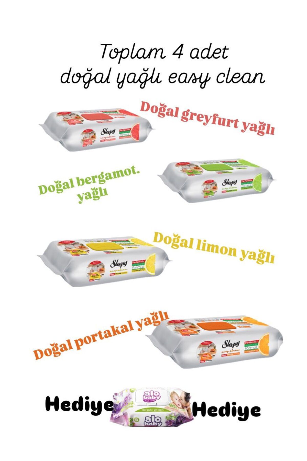 Sleepy 4 ÇEŞİT DOĞAL YAĞLI 50 'Lİ EASY CLEAN PORTAKAL & LİMON & GREYFURT & BERGAMOT ALOBABY HEDİYELİ
