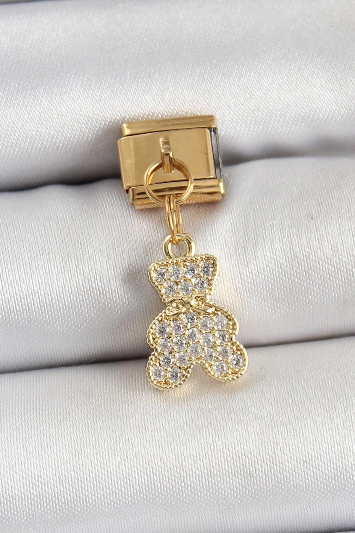 Atelier Orange 316L Çelik Sallantılı Zirkon Taşlı Ayıcık Model Gold Renk Nomination Charm
