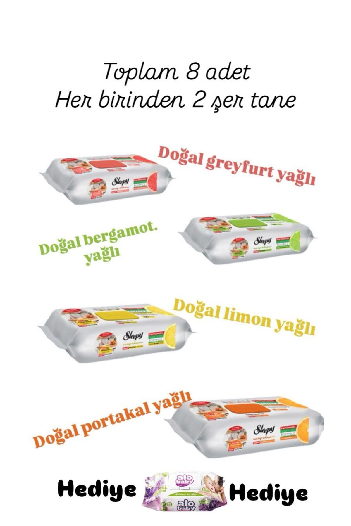 Sleepy 2X4 ÇEŞİT DOĞAL YAĞLI 50 'Lİ EASY CLEAN PORTAKAL & LİMON & GREYFURT & BERGAMOT ALOBABY HEDİYE