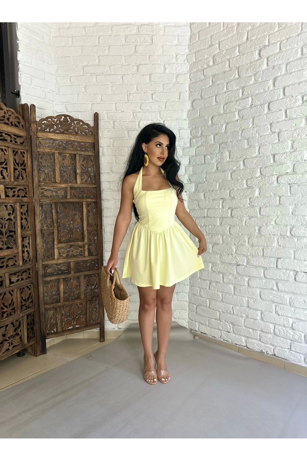 moneta boutique Kadın Boyundan Bağlamalı Mini Pileli Elbise