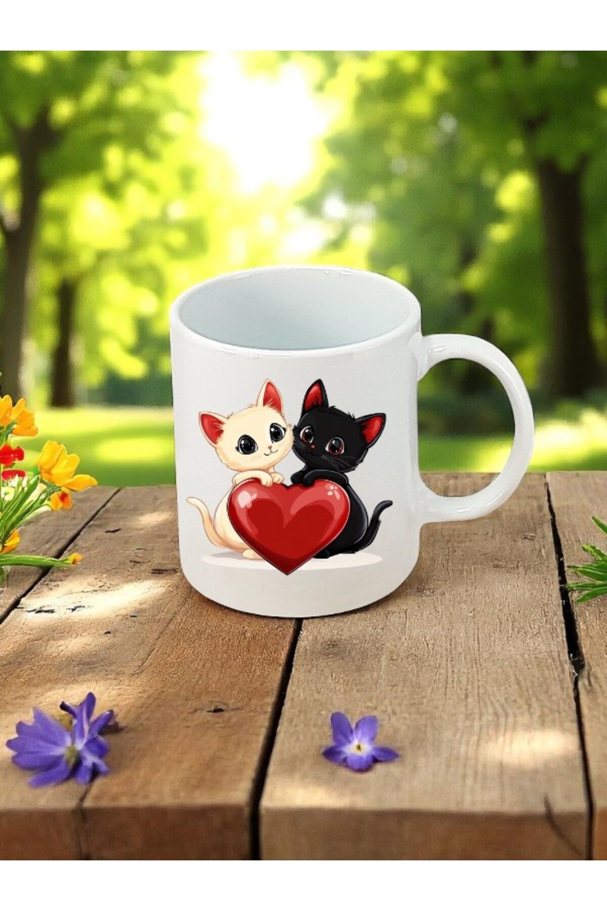 lili hediyelik Kalpli Siyah ve Beyaz Kedi Baskılı Beyaz Kupa Bardak
