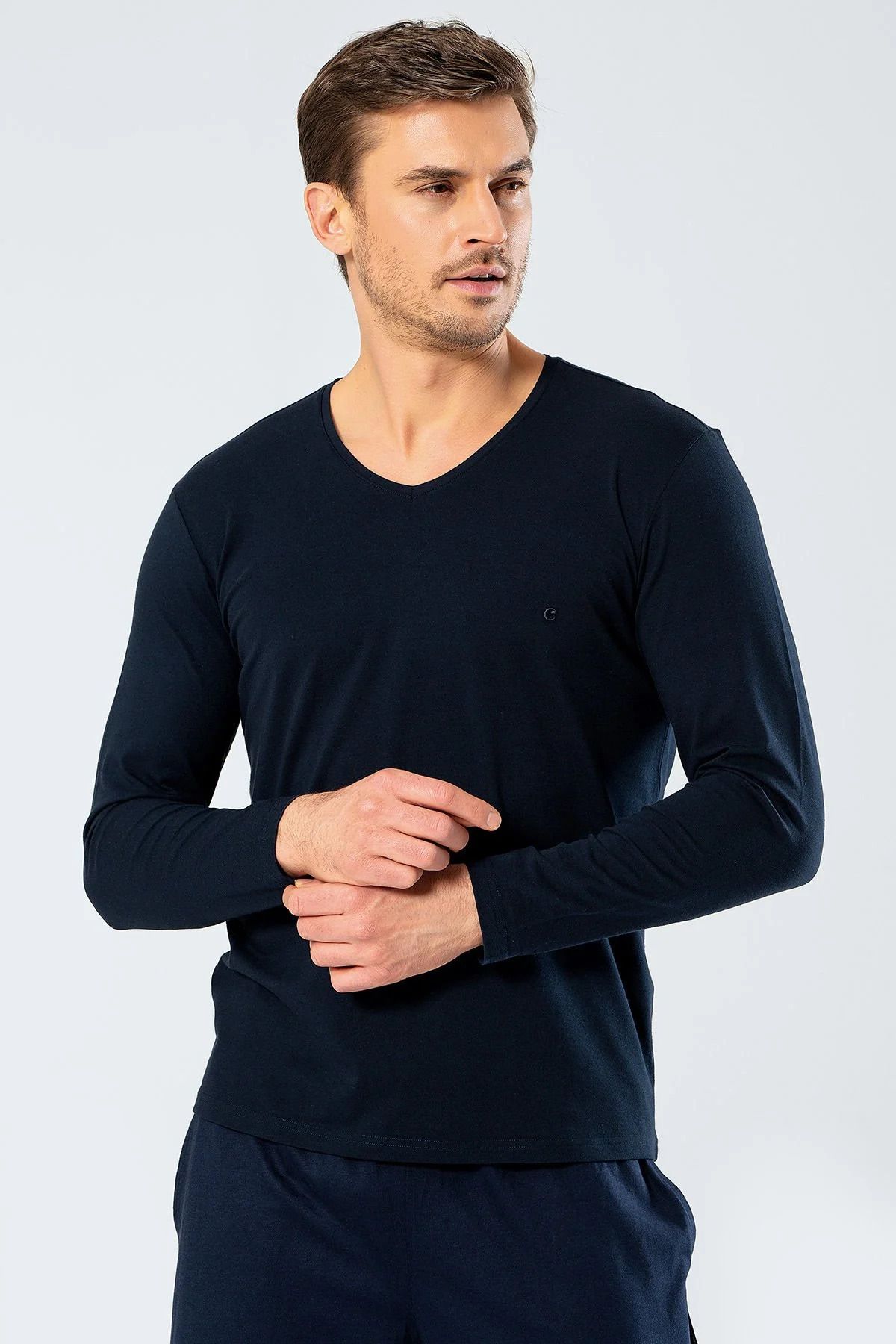 Cacharel Erkek T-Shirt, Pamuklu & Likralı, Uzun Kollu, V Yaka
