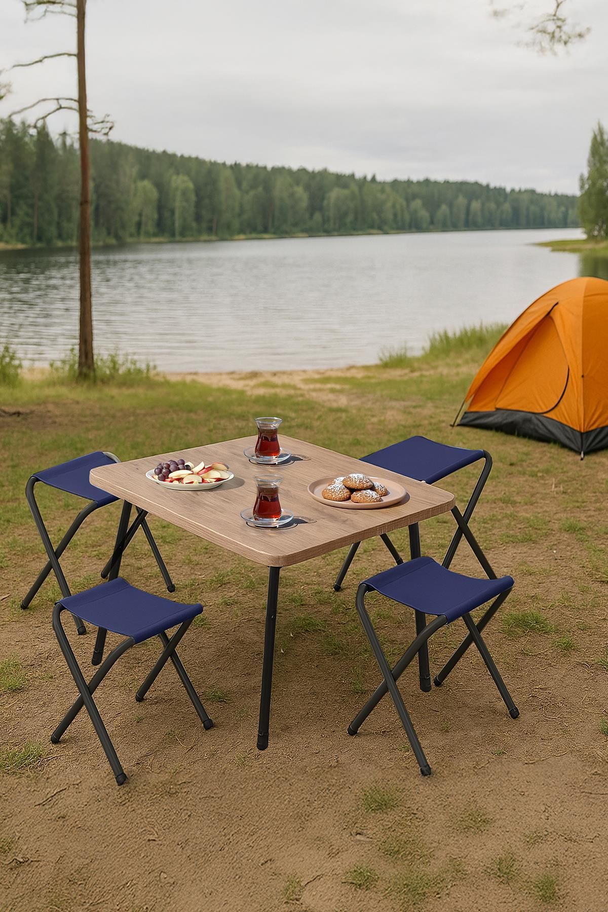 Exent 45X60 cm Kamp Sehpası + 4 Adet LACİVERT Tabure Piknik, bahçe sehpası Katlanır Sehpa-A-4L