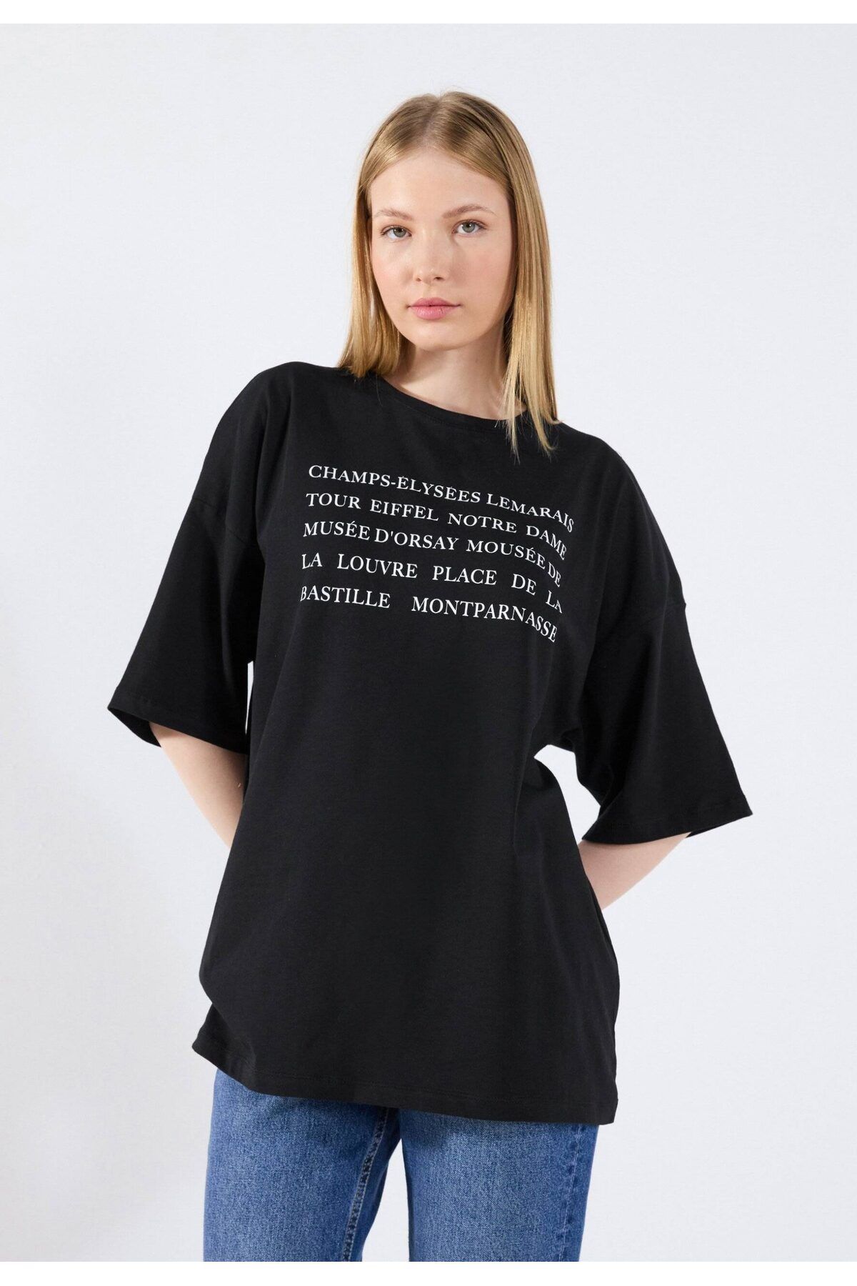 ELNOYA Unisex Pamuklu Beyaz  Siyah Oversize "Pembe Kelebek" Baskılı Bisiklet Yaka Rahat T-shirt